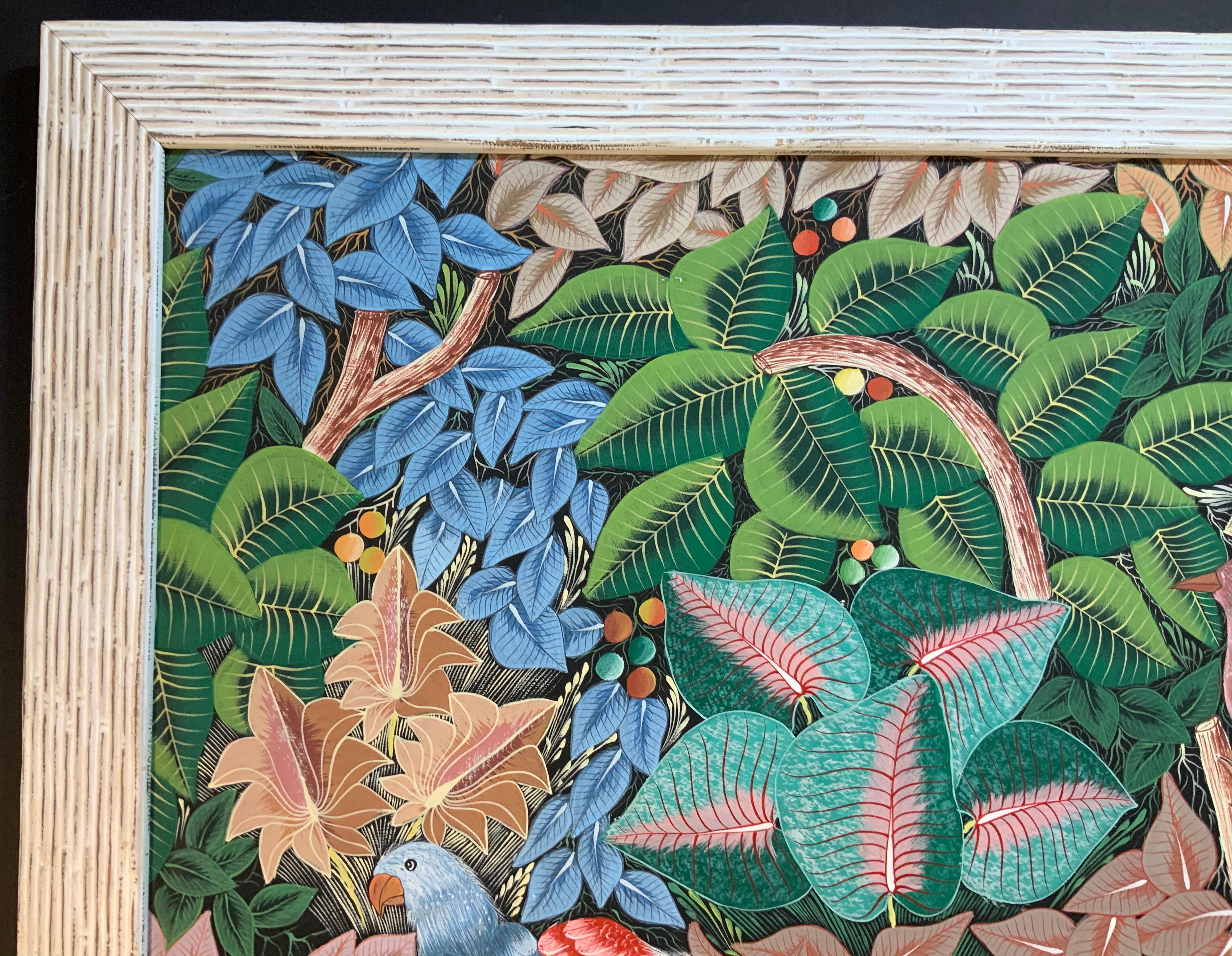 Fin du 20e siècle Peinture acrylique sur toile Haitian « Parrots in the Jungle » (Perroquets dans la jungle) en vente