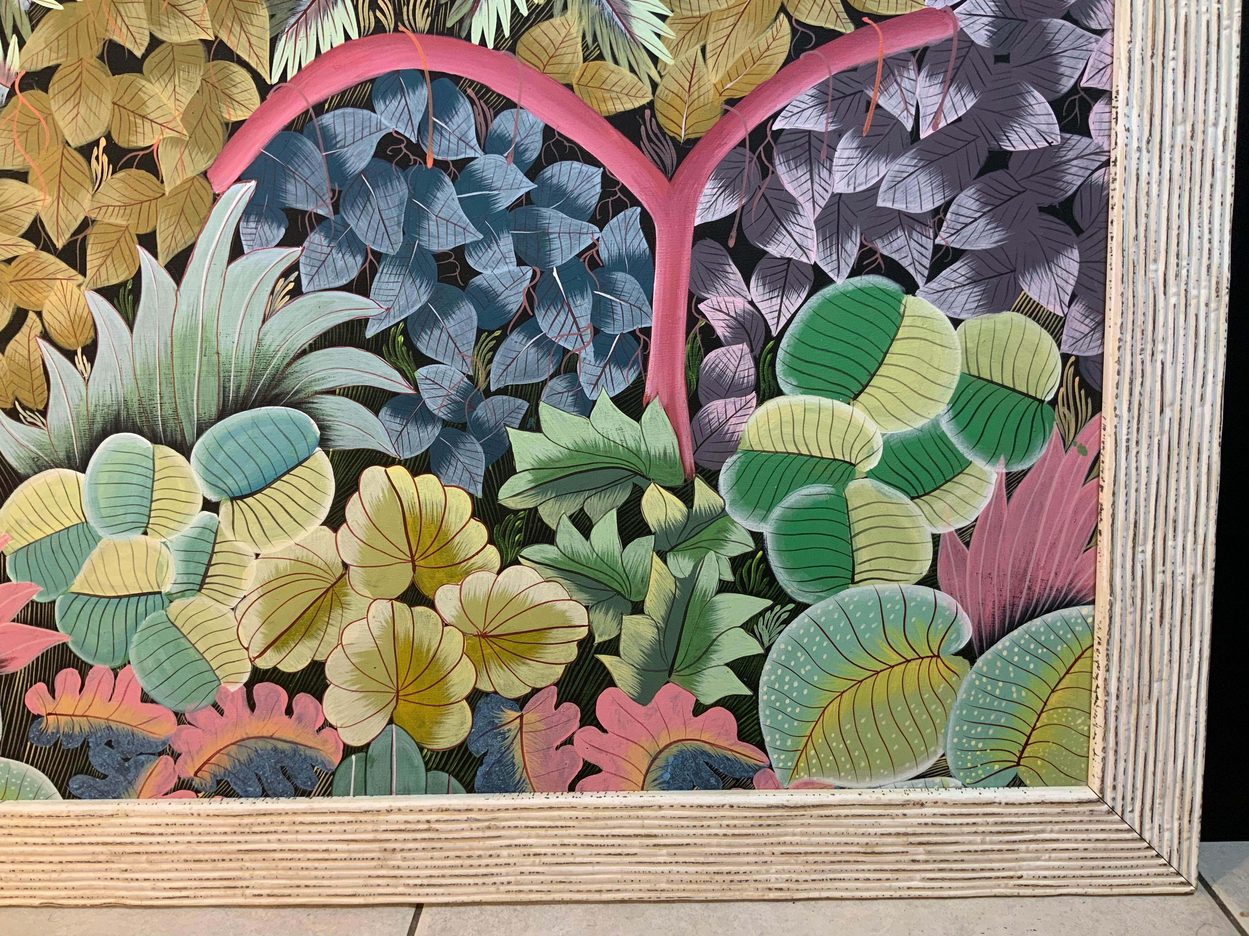 Toile Perroquets dans la jungle Peinture haïtienne à l'acrylique sur toile en vente