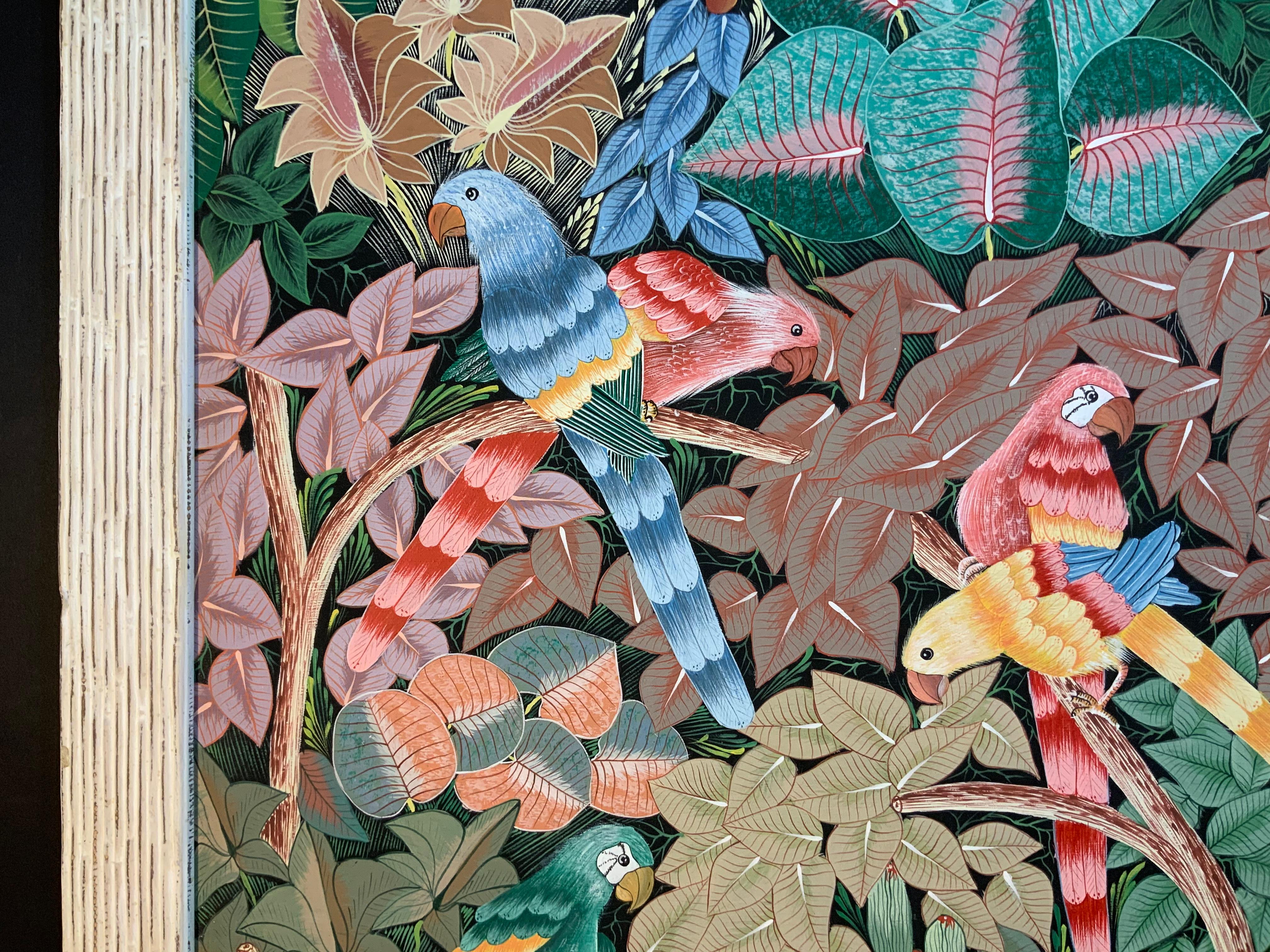 Peinture acrylique sur toile Haitian « Parrots in the Jungle » (Perroquets dans la jungle) en vente 1