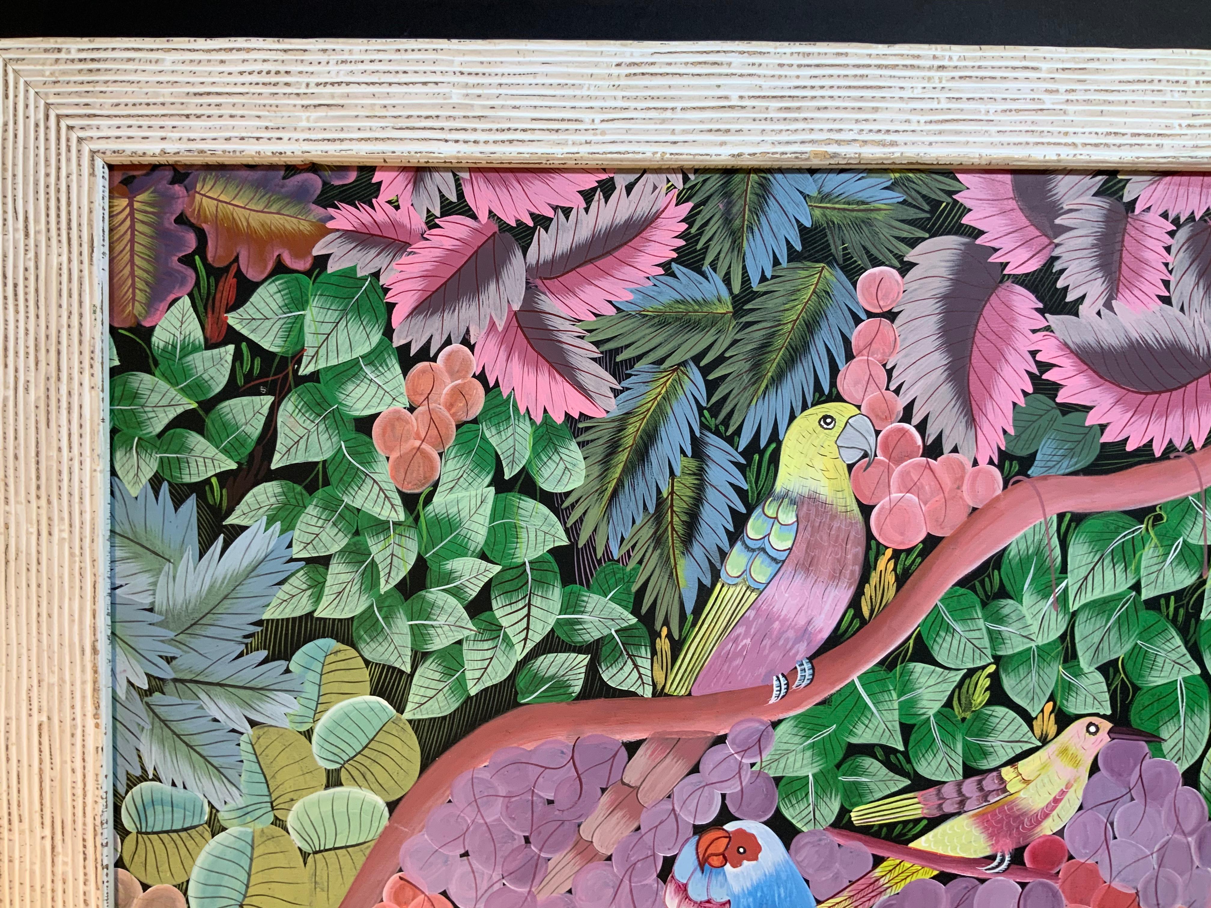 Perroquets dans la jungle Peinture haïtienne à l'acrylique sur toile en vente 1