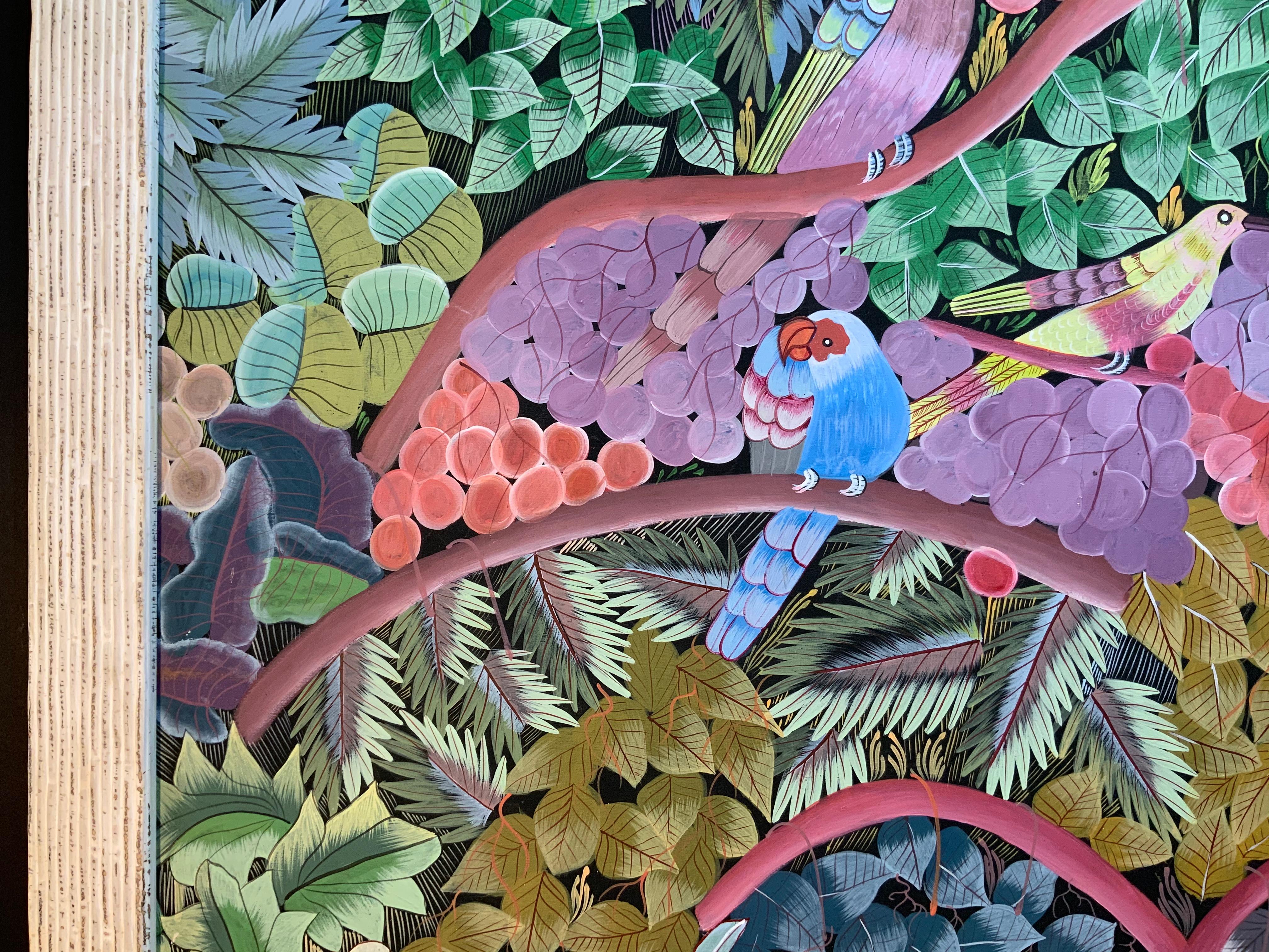 Loros en la selva Pintura acrílica haitiana sobre lienzo en venta 2