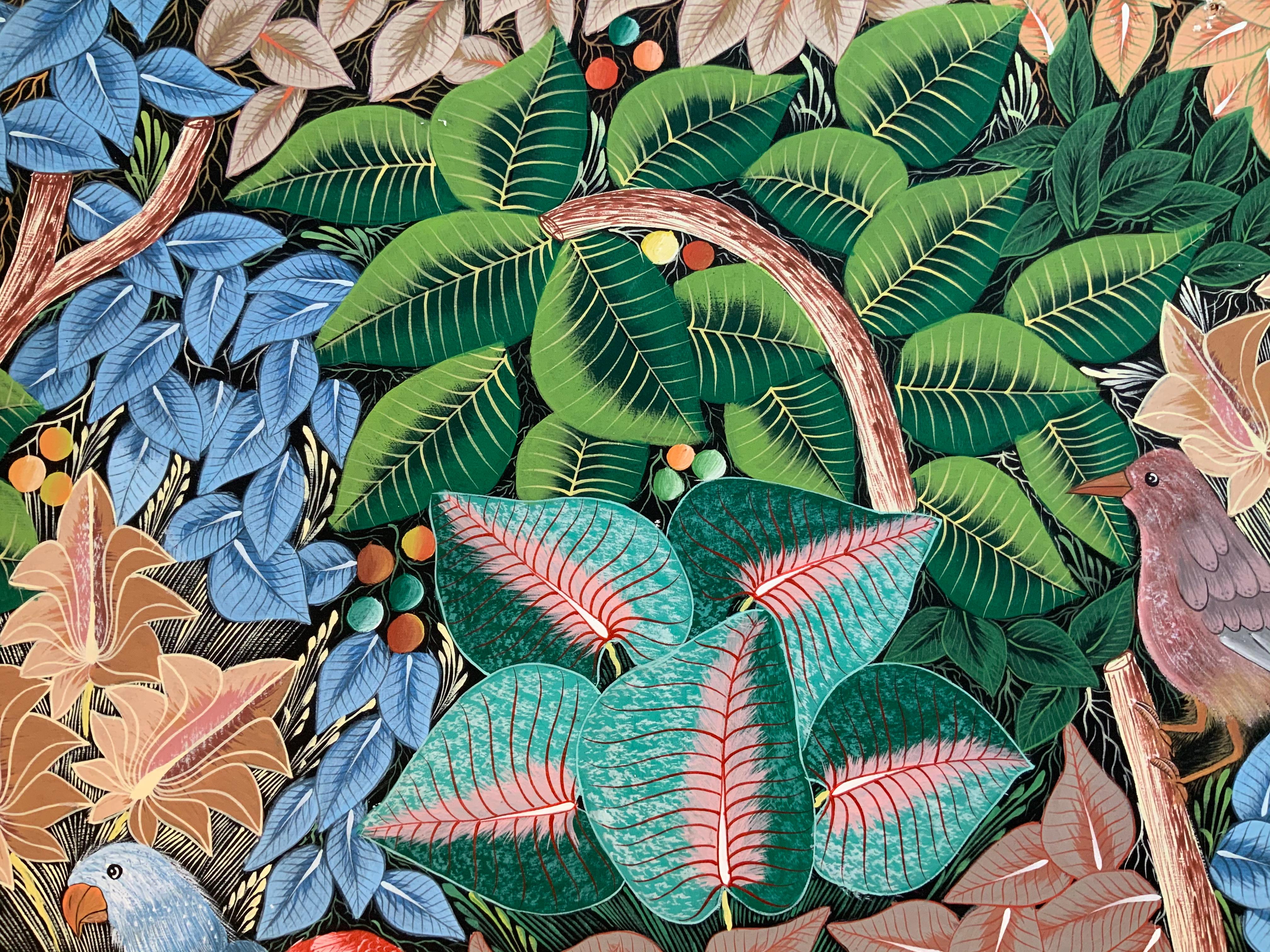 Peinture acrylique sur toile Haitian « Parrots in the Jungle » (Perroquets dans la jungle) en vente 3