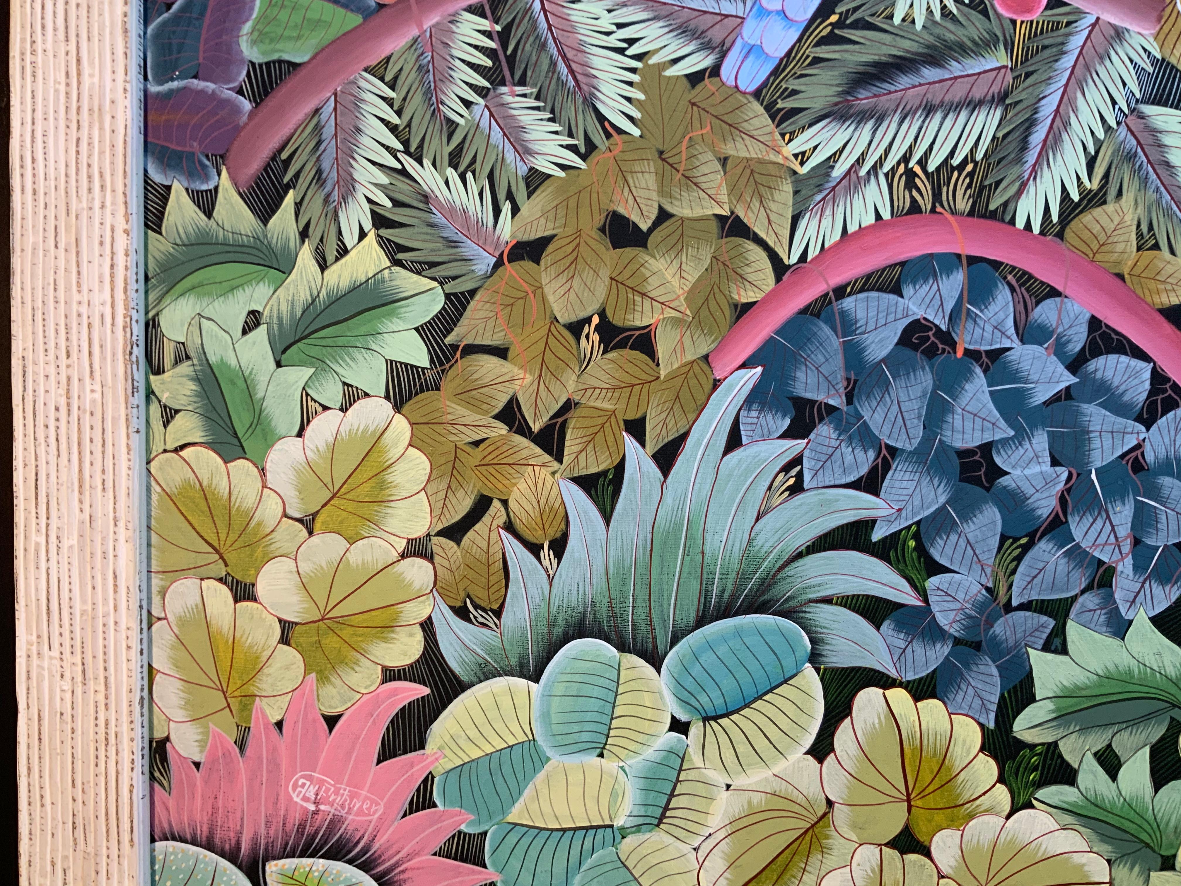 Loros en la selva Pintura acrílica haitiana sobre lienzo en venta 3