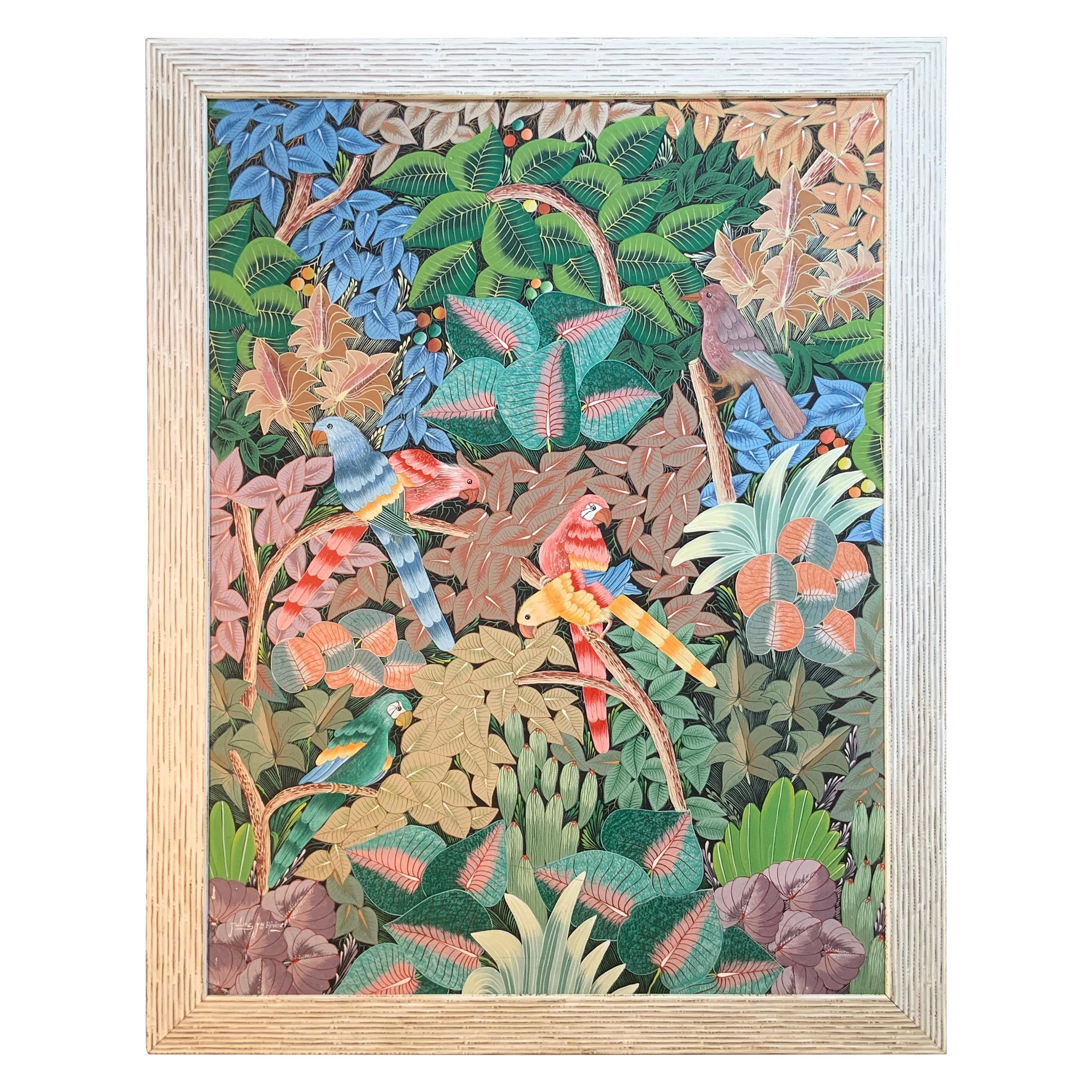 Peinture acrylique sur toile Haitian « Parrots in the Jungle » (Perroquets dans la jungle) en vente