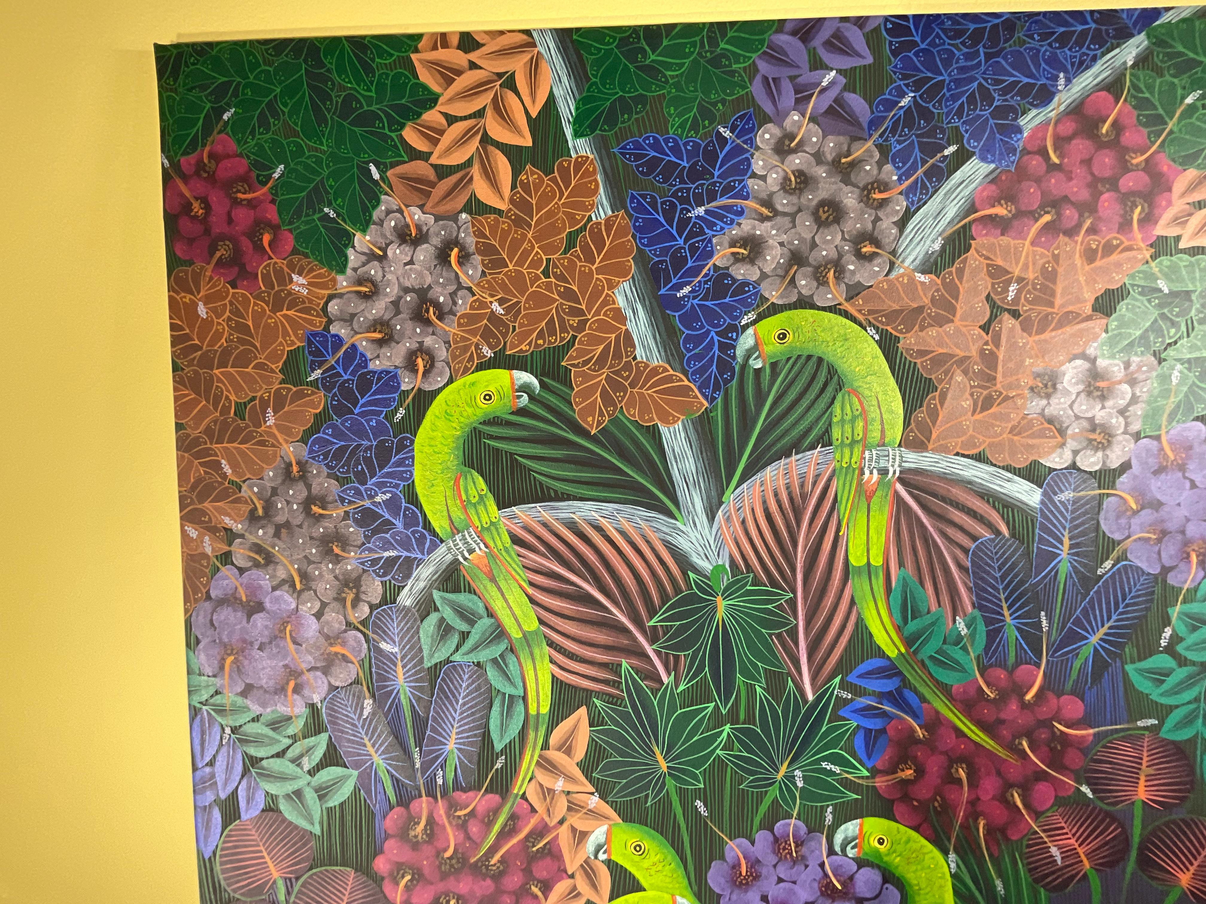 Parrots in the Jungle, Haitian Acrylic Paint on Canvas For Sale 5