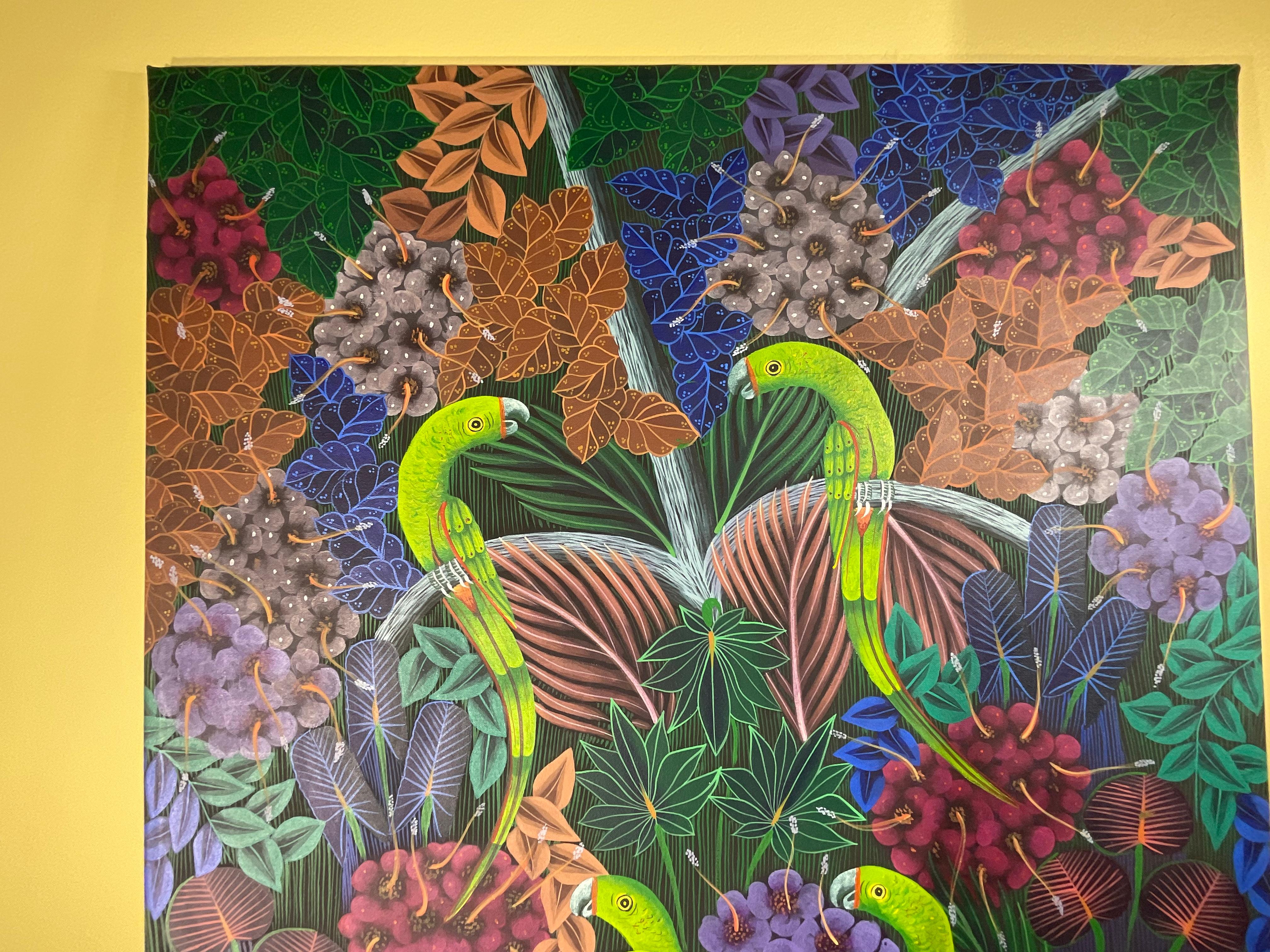 Parrots in the Jungle, Haitian Acrylic Paint on Canvas For Sale 6