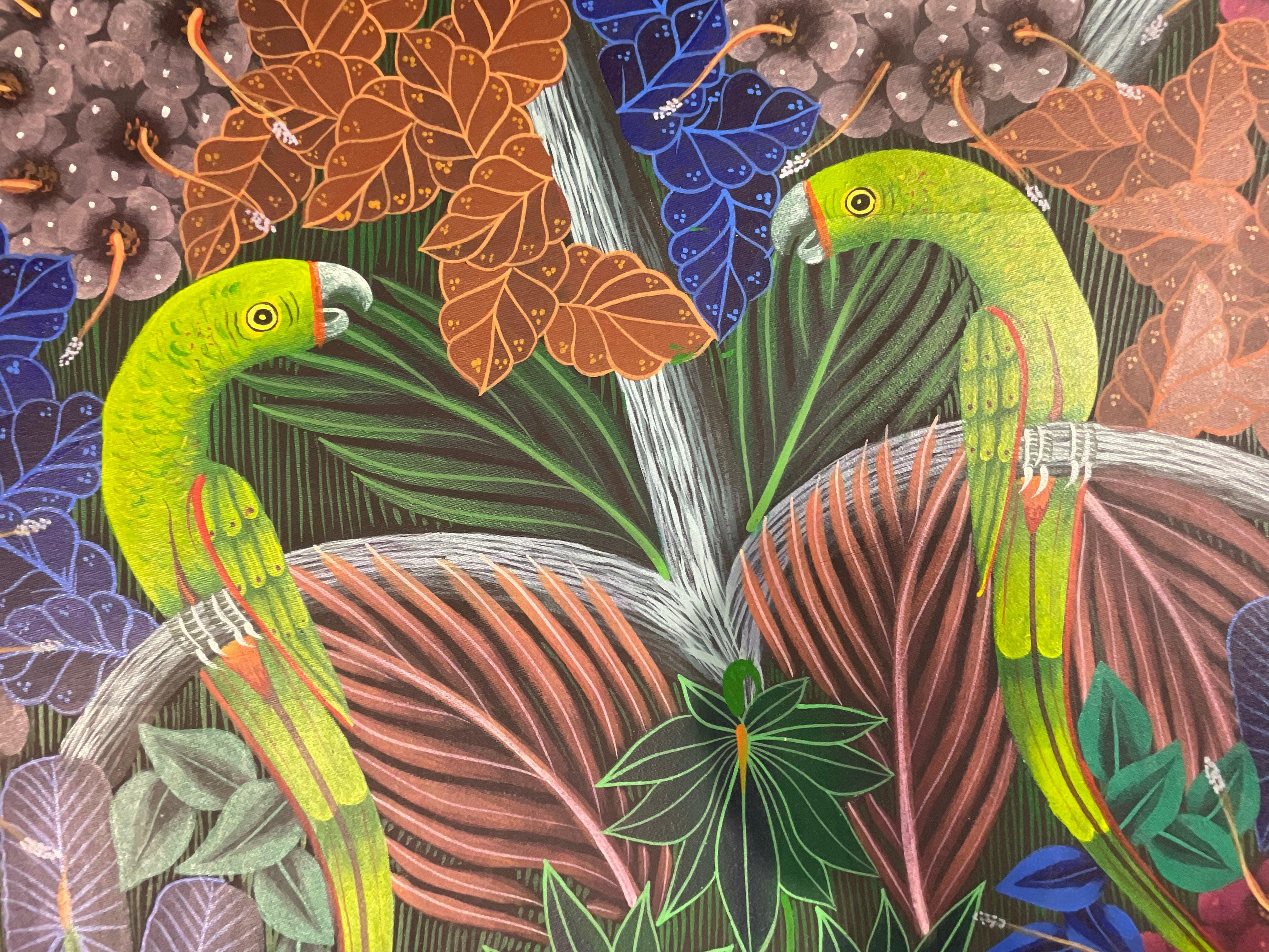 Parrots in the Jungle, Haitian Acrylic Paint on Canvas For Sale 7