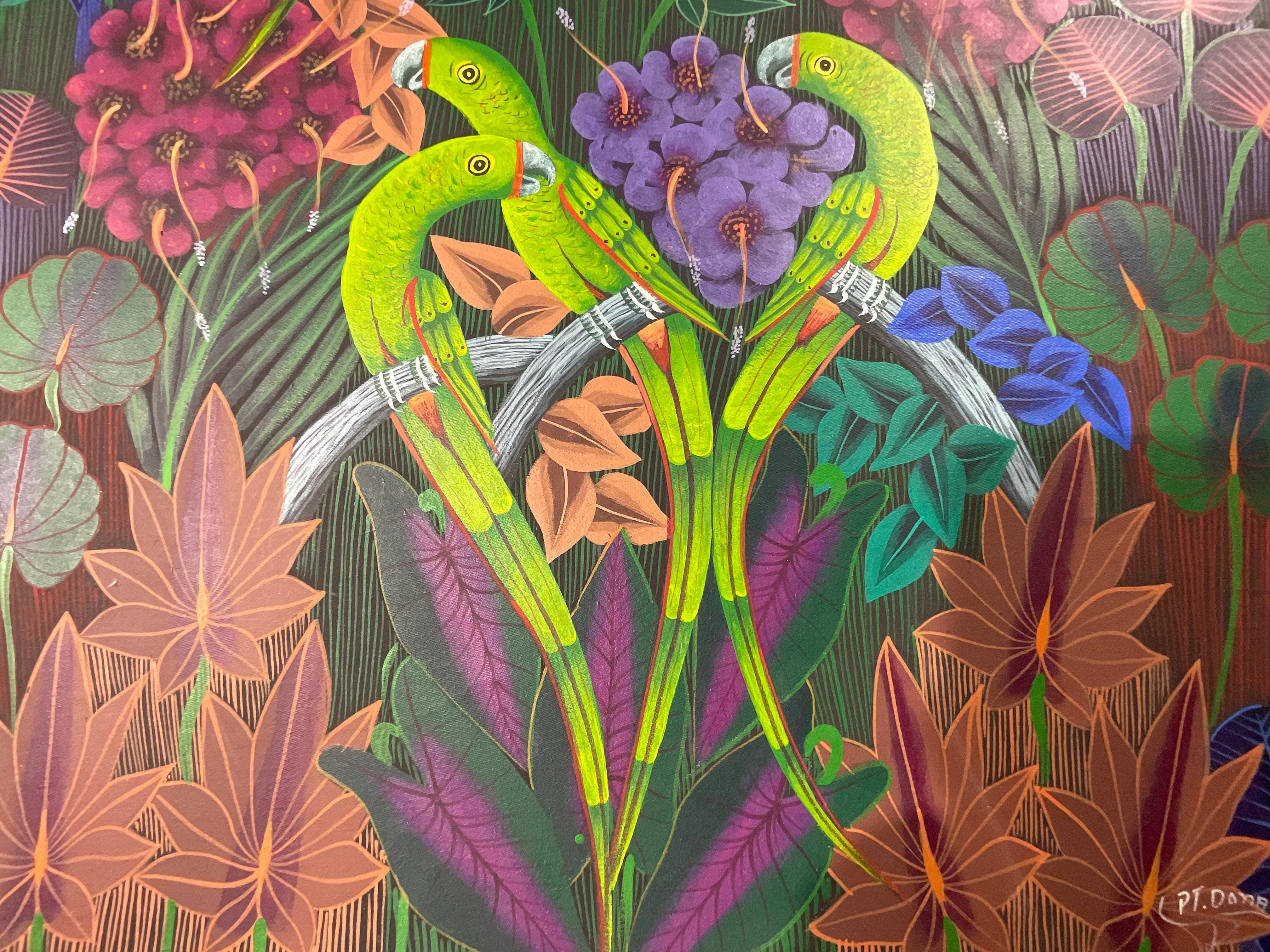 Parrots in the Jungle, Haitian Acrylic Paint on Canvas For Sale 8