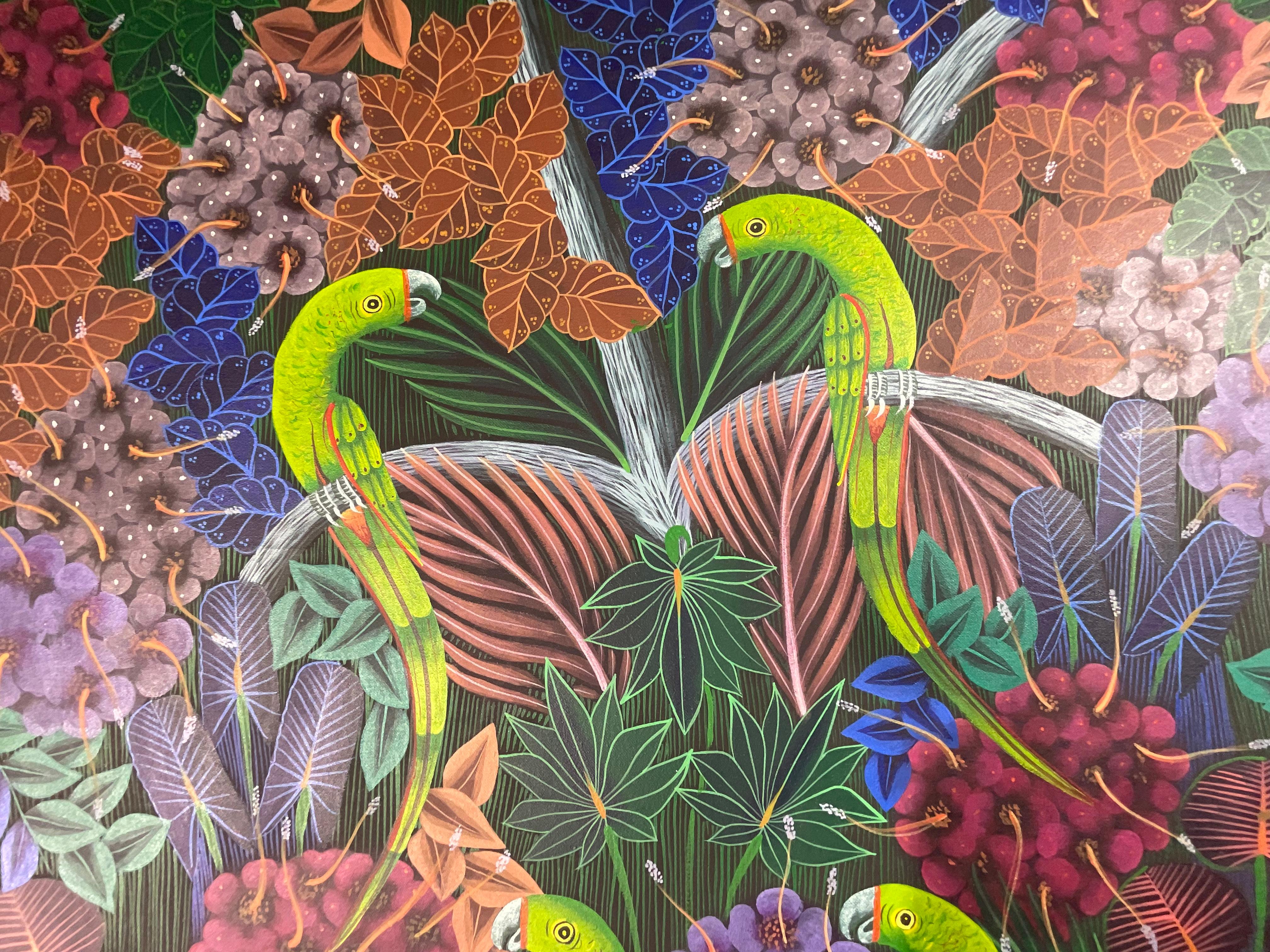 Parrots in the Jungle, Haitian Acrylic Paint on Canvas For Sale 9
