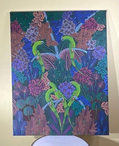 Parrots in the Jungle, Haitian Acrylic Paint on Canvas