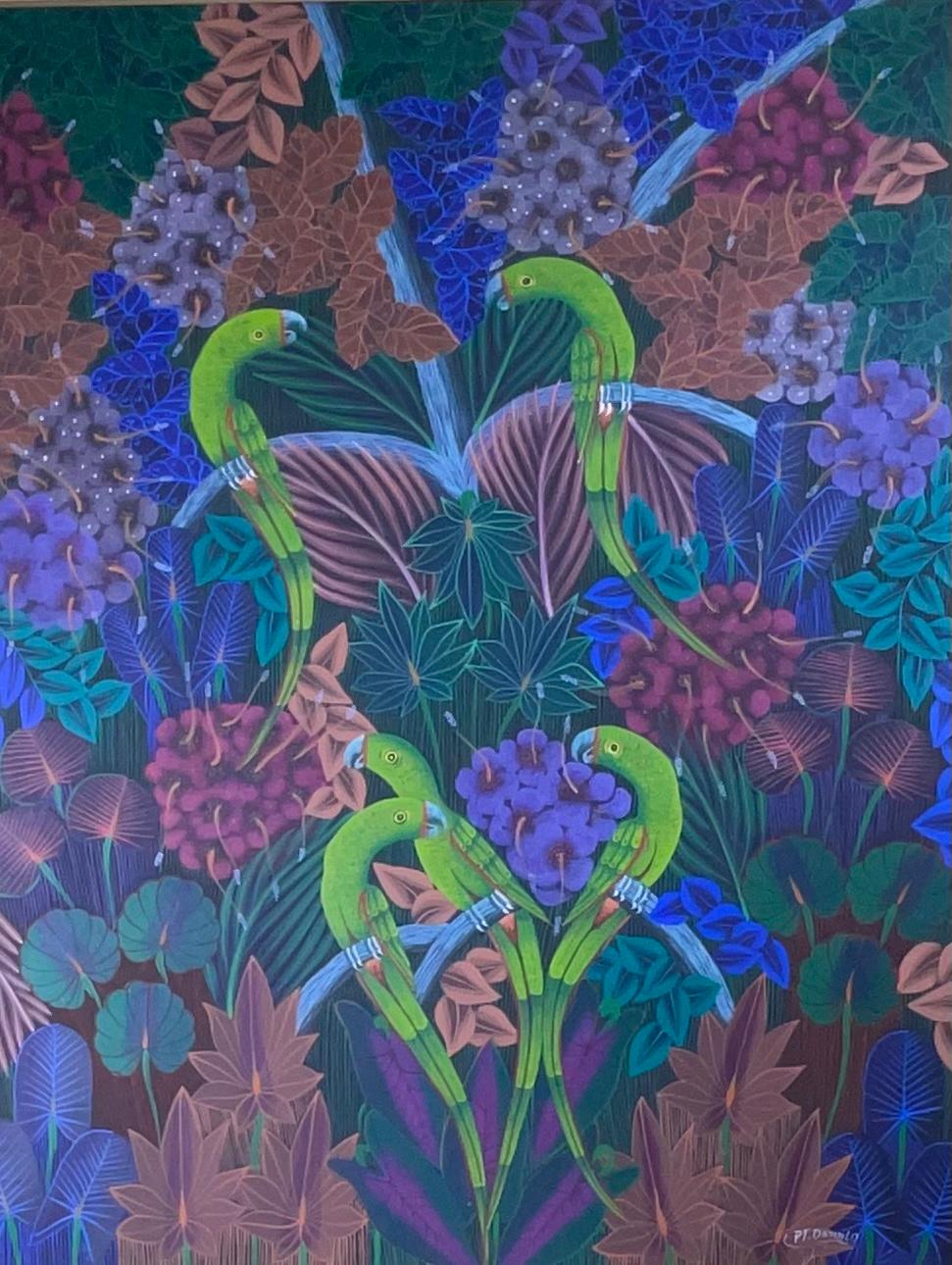 Hand-Painted Parrots in the Jungle, Haitian Acrylic Paint on Canvas For Sale