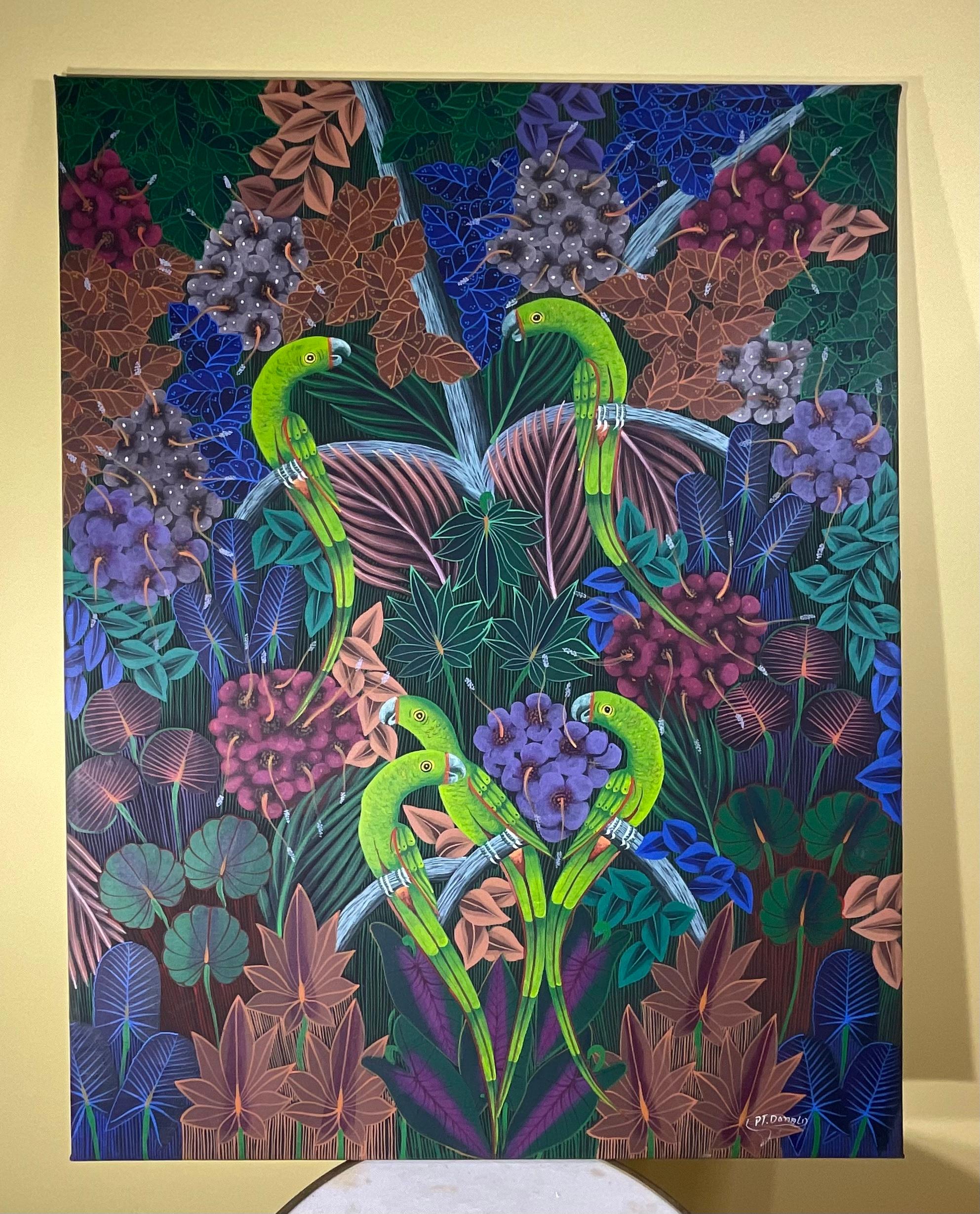 Parrots in the Jungle, Haitian Acrylic Paint on Canvas In Good Condition For Sale In Delray Beach, FL