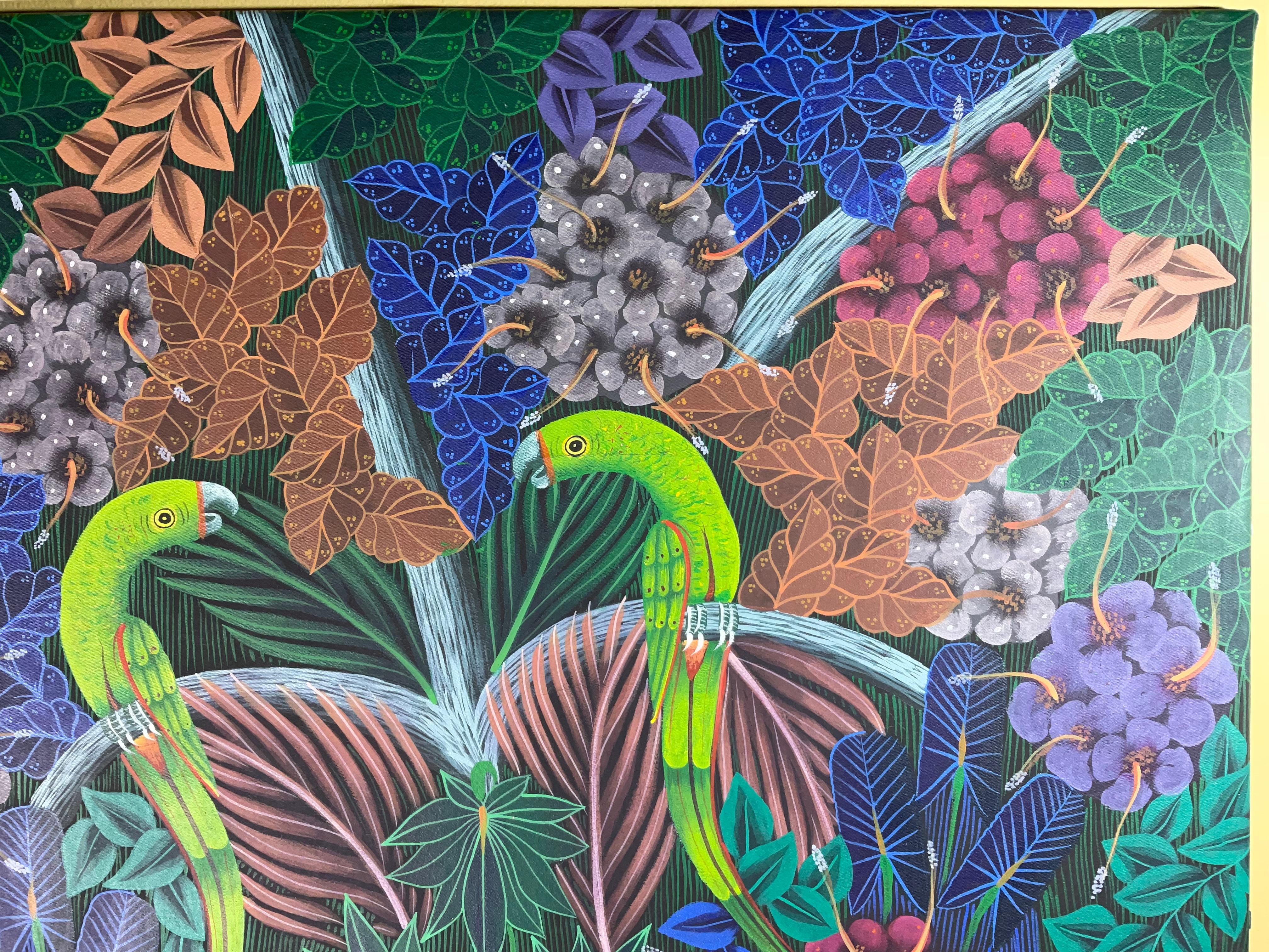 20th Century Parrots in the Jungle, Haitian Acrylic Paint on Canvas For Sale