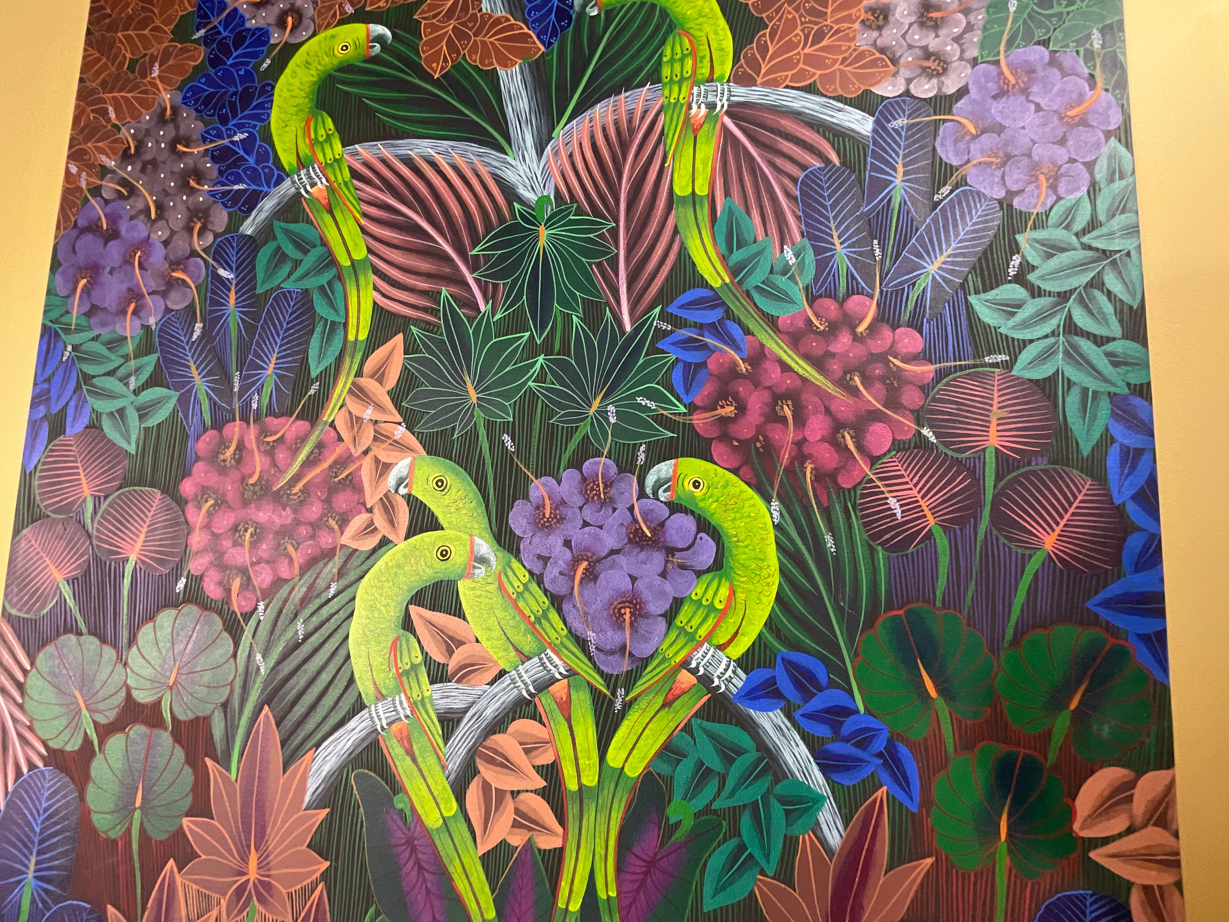 Parrots in the Jungle, Haitian Acrylic Paint on Canvas For Sale 1