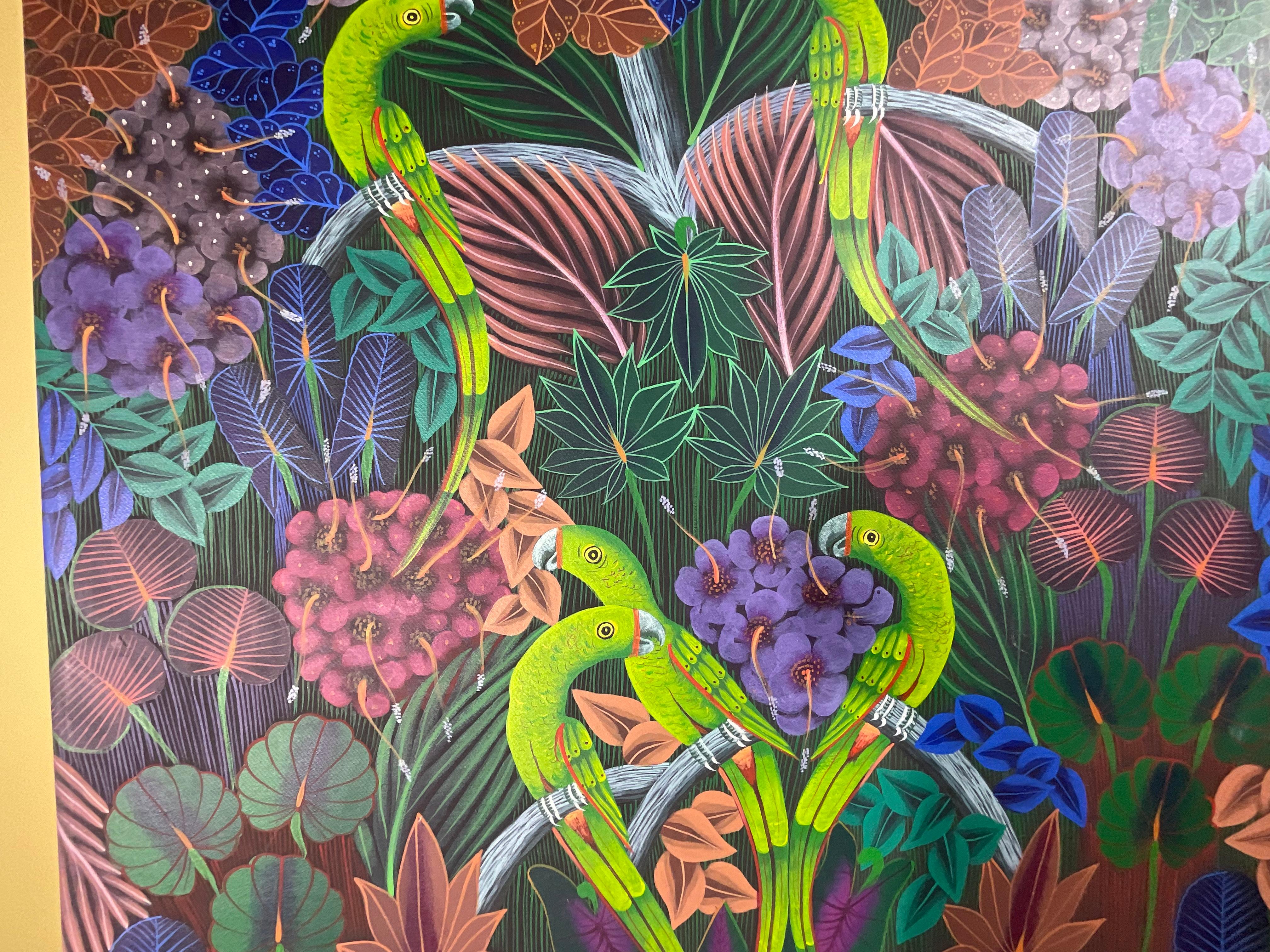 Parrots in the Jungle, Haitian Acrylic Paint on Canvas For Sale 4