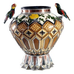 Parrot's Jar, Ceramic and White Metal ‘Alpaca’, Handmade
