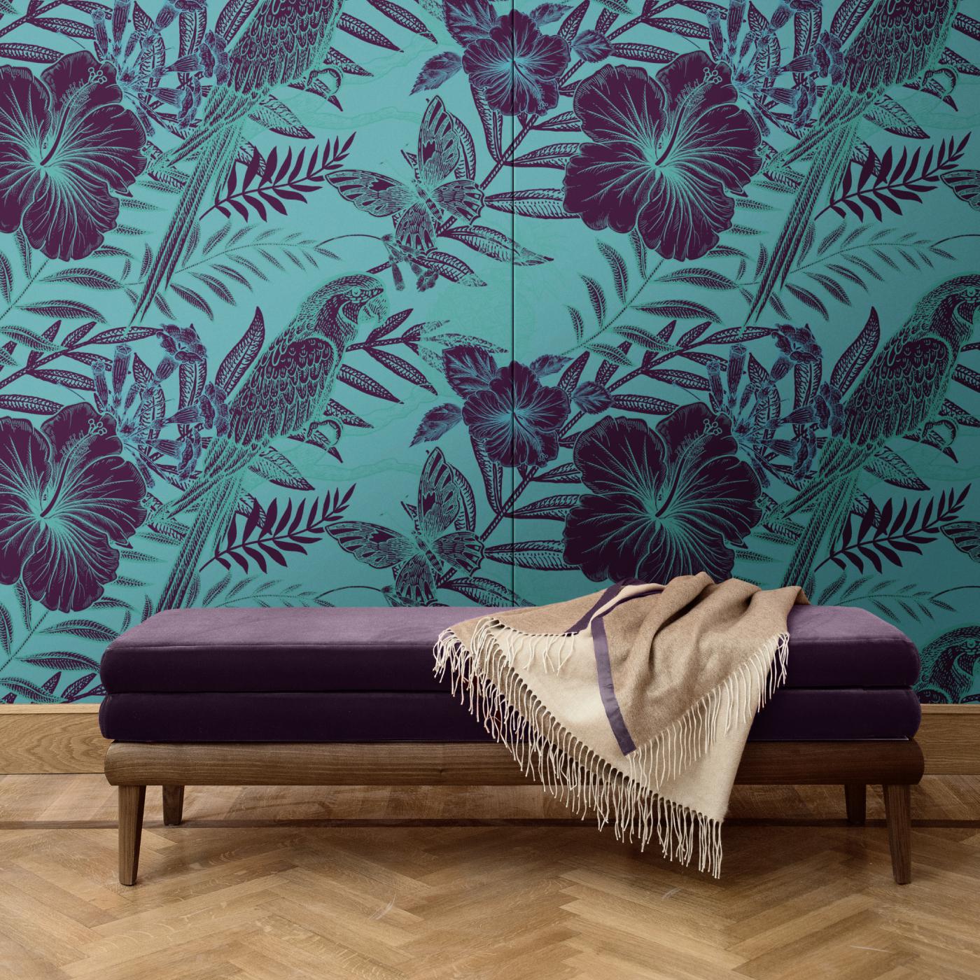 This elegant wall covering depicts a mesmerizing scene depicted as a negative photograph of an exotic scene with black parrots, hibiscus flowers, and butterflies over a green background. Part of the Parrots collection, this dramatic decoration will