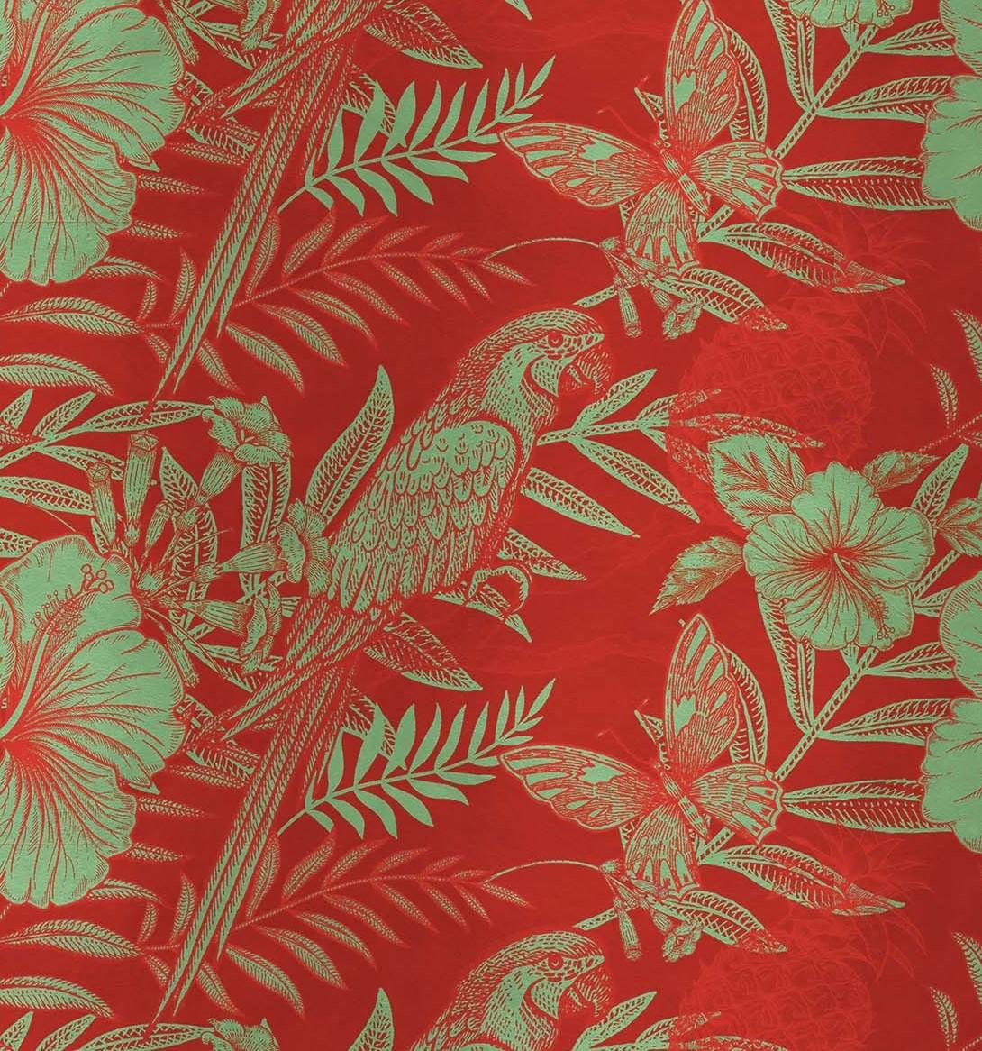 Elegant parrots, flying butterflies and blooming hibiscus flowers are stand out over a vivid red background in this dramatic and sophisticated wall covering. Making a statement in any room in the house, its silk and cotton surface can come as