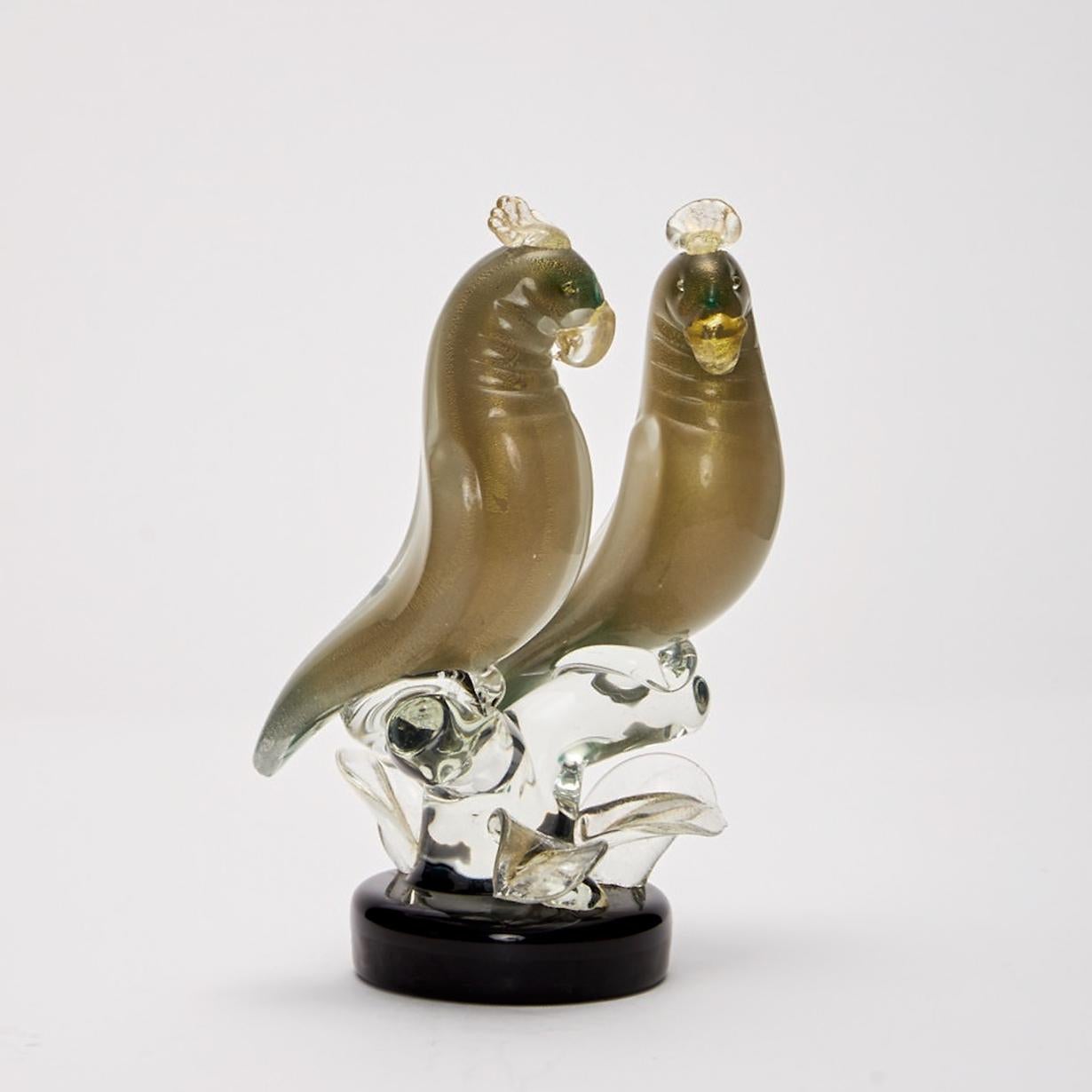 Mid-Century Modern Parrots Sculpture  by Alfredo Barbin 1950 's Applied Glass with Gold Powders  For Sale
