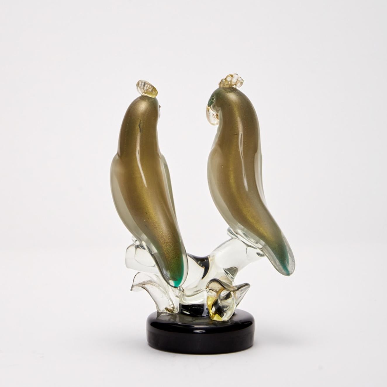 Italian Parrots Sculpture  by Alfredo Barbin 1950 's Applied Glass with Gold Powders  For Sale