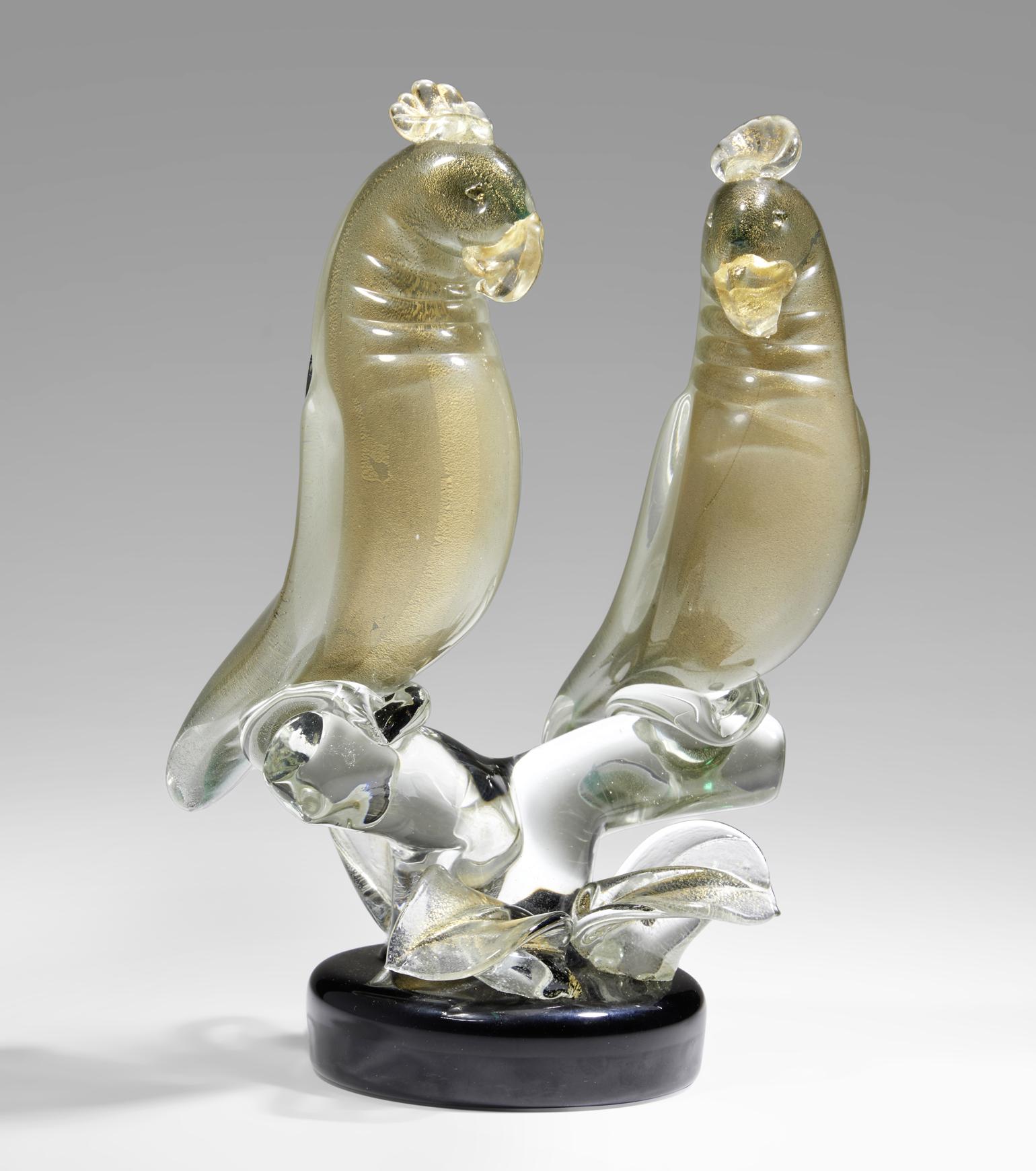 Parrots Sculpture  by Alfredo Barbin 1950 's Applied Glass with Gold Powders  In Excellent Condition For Sale In London, GB
