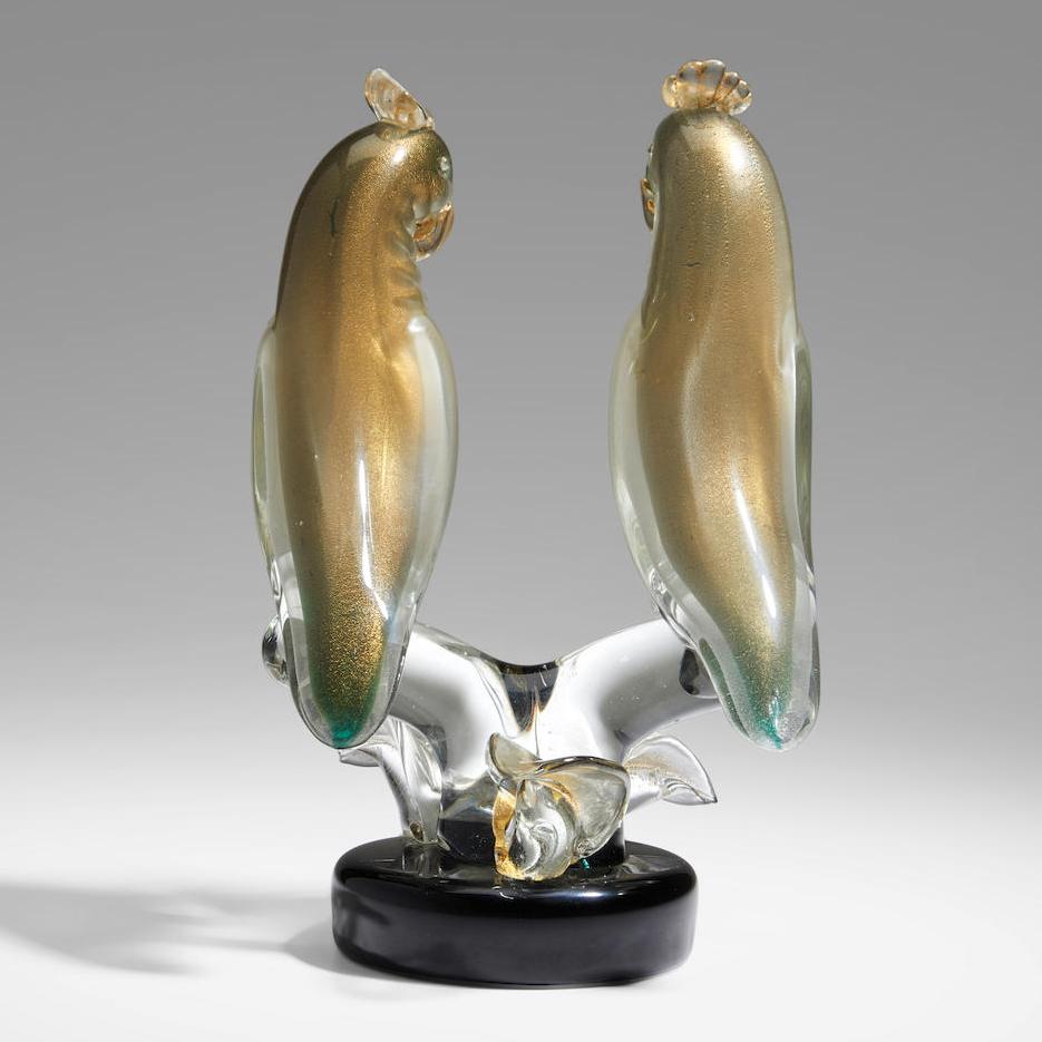 Mid-20th Century Parrots Sculpture  by Alfredo Barbin 1950 's Applied Glass with Gold Powders  For Sale