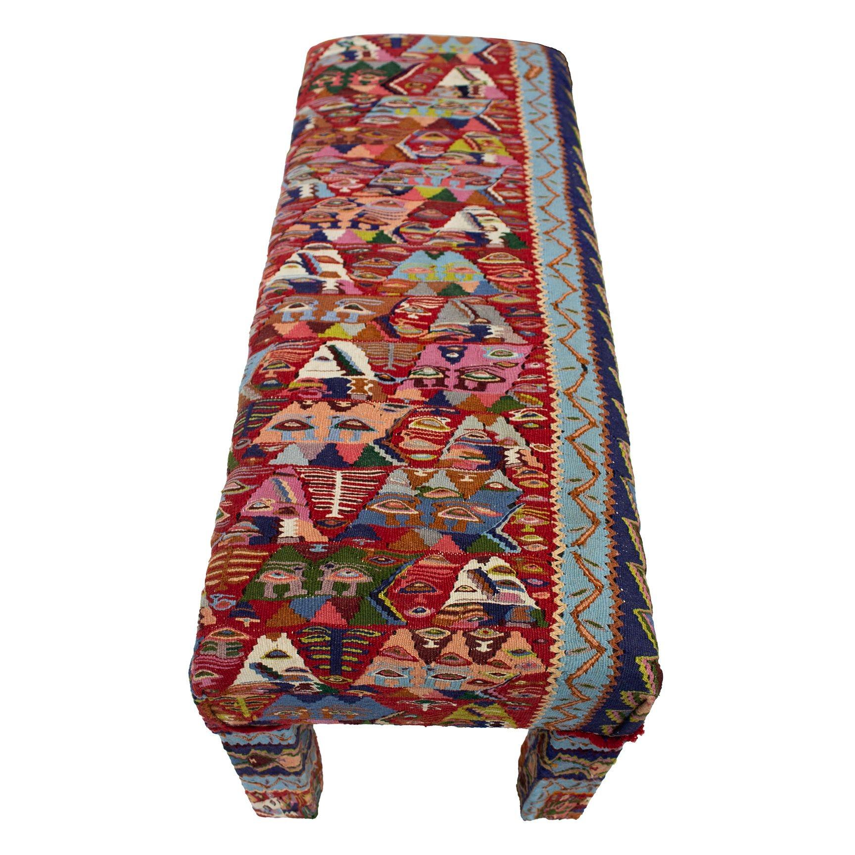USA, 1970s
Parsons bench upholstered in a vintage textile. Substantial, quality made piece. One side has a striped effect and the other a pattern. Use either way. Great size for entryway or at the foot of a bed.
DIMENSIONS: 45