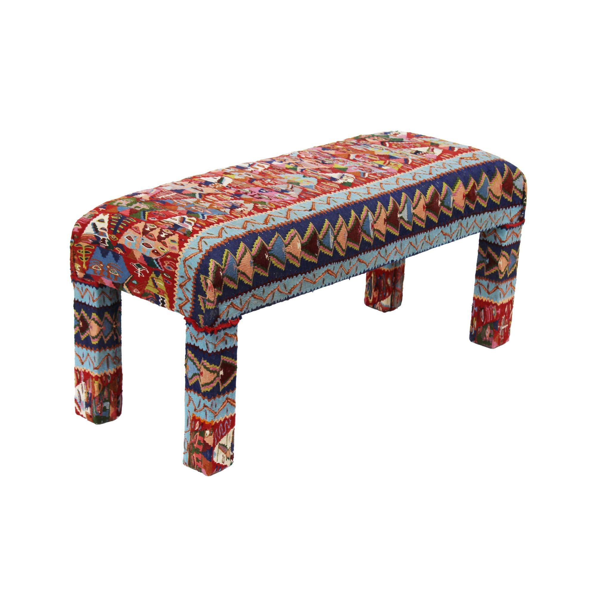 Mid-Century Modern Parsons Bench Upholstered in a Vintage Textile, 45