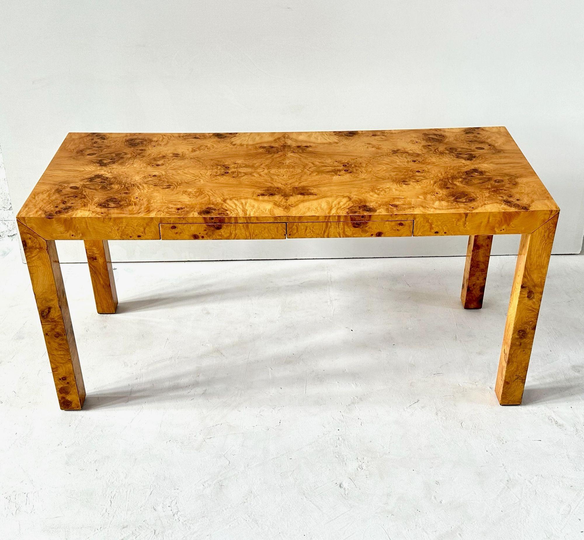 Parsons Burl Wood Desk, 1960’s.  Original beautiful condition.
Measures 60” long 24” deep 29.25” tall