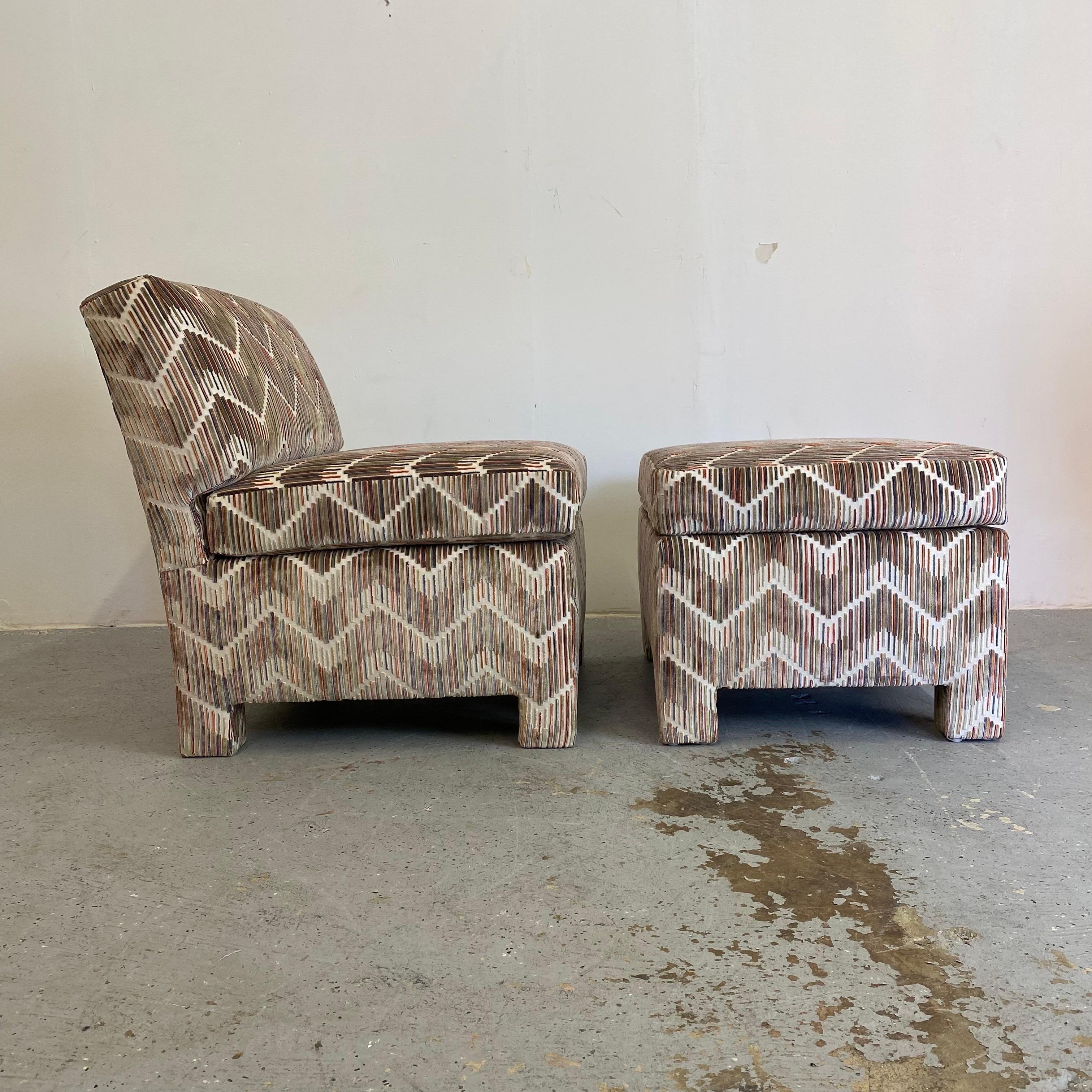 Post-Modern Parsons Chairs with Ottoman, a Pair For Sale