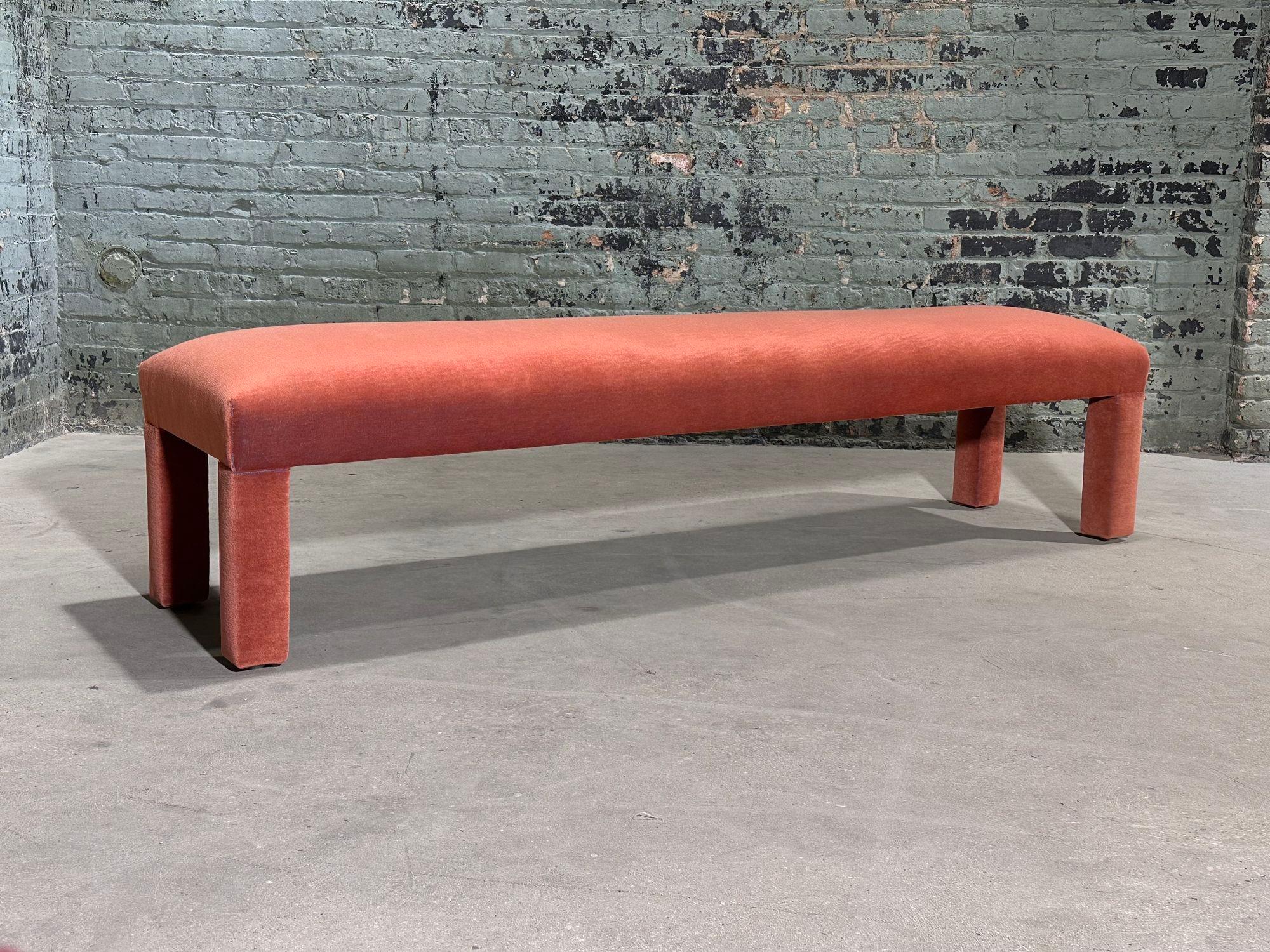 Parsons King Size Bench style of Milo Baughman, 1960. Fits great at the end of your king size bed. Newly reupholstered in mohair multi dimensions, 2 tone pink mohair woven into blue backing.
Measures 76