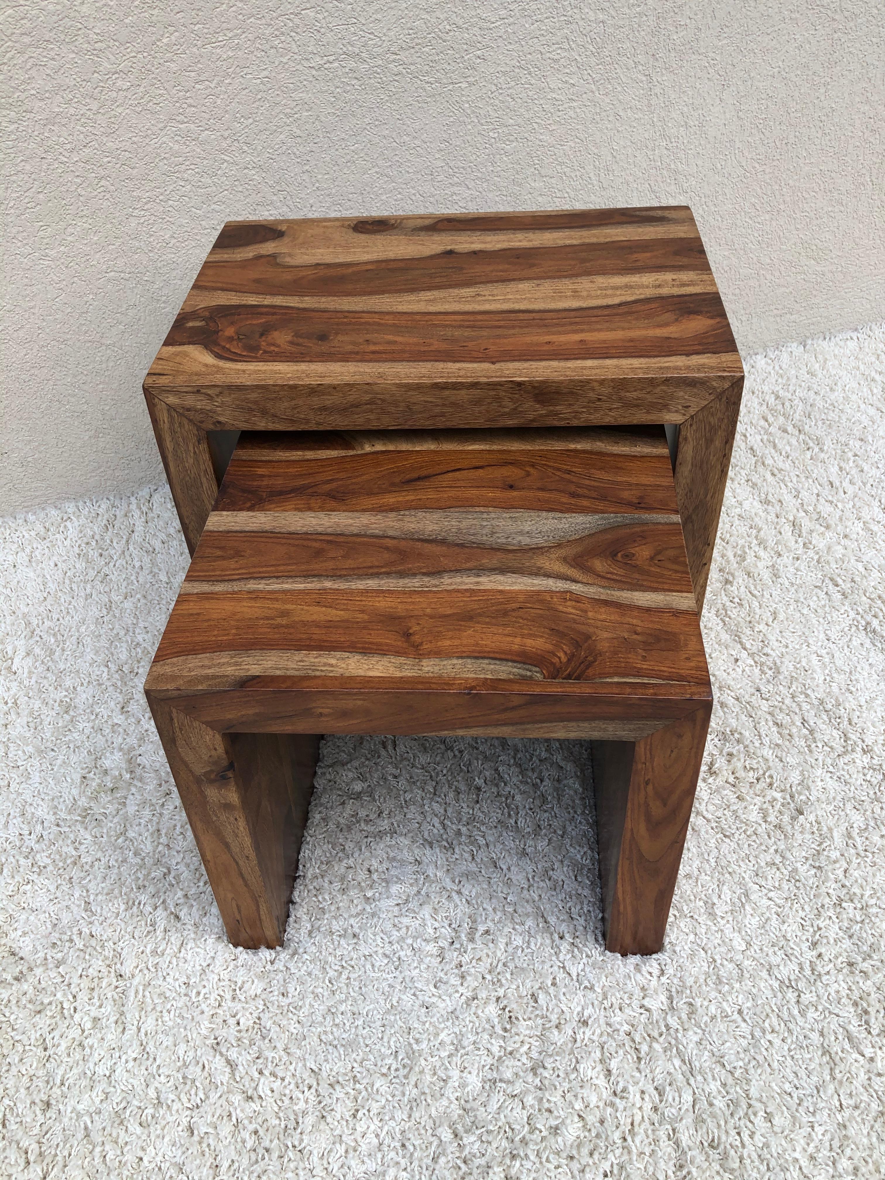 Parsons designed midcentury tiger wood nesting/ stacking tables.

Second table size fits underneath 16.25 x 14