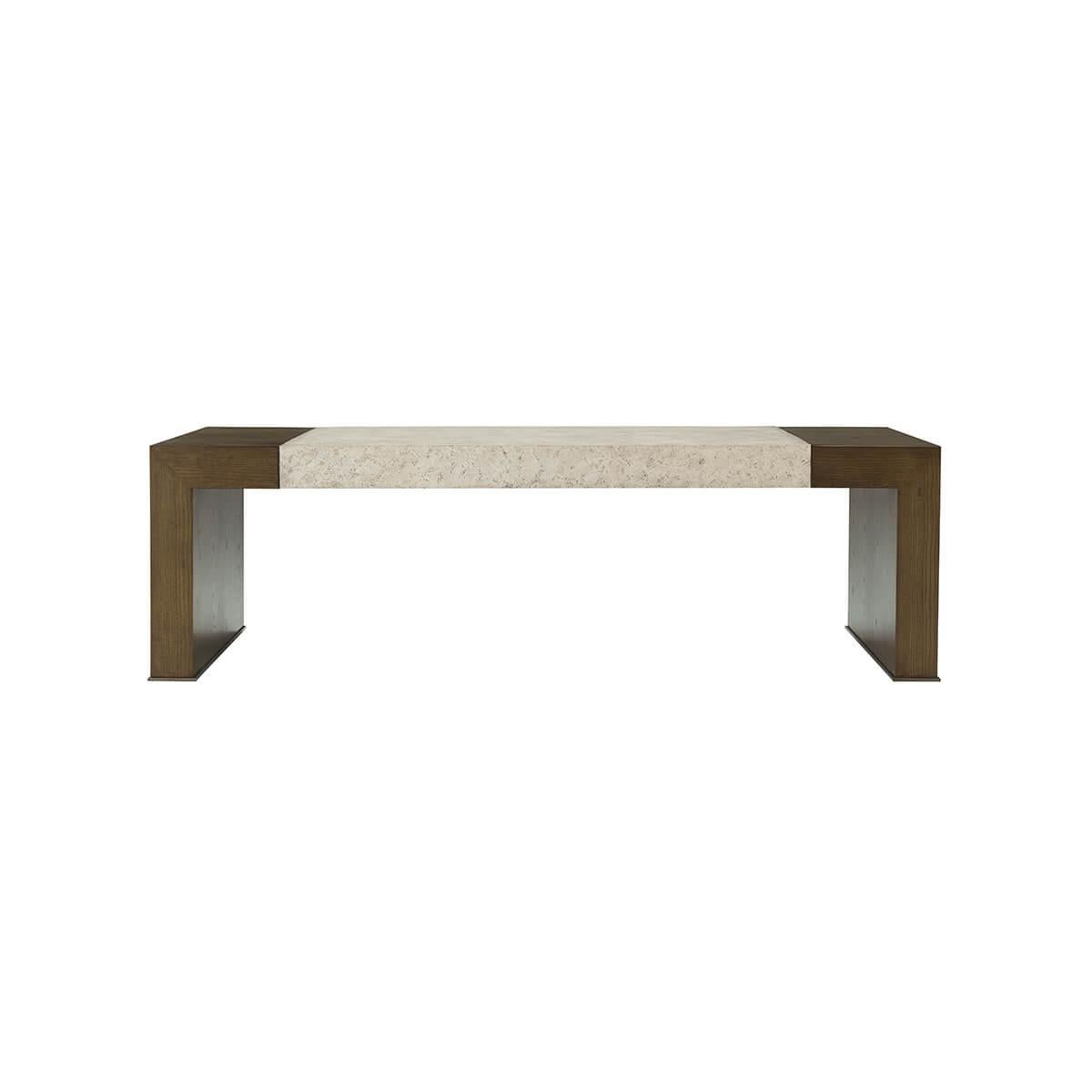 a modern parsons style cocktail table made of figured cathedral ash in our dark earth finish with our exclusive Mineral finish at the top and metal detail at the base of the legs in a bronze finish.
Dimensions: 55