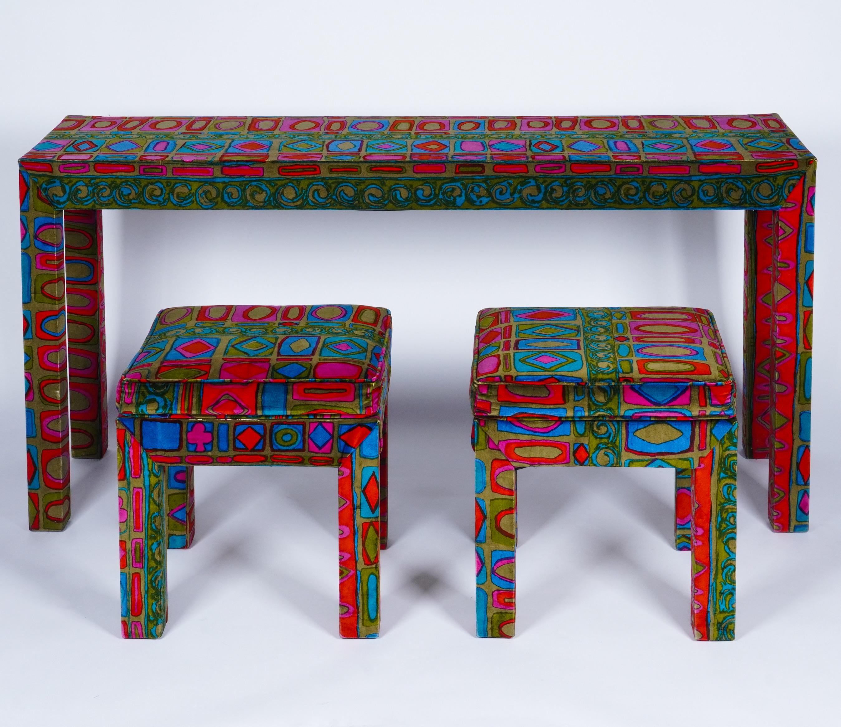 Fully upholstered in Jack Lenor Larsen’s “Caravan” velvet, this set is in fantastic condition. Sold altogether including glass top for console table. Rare find. 