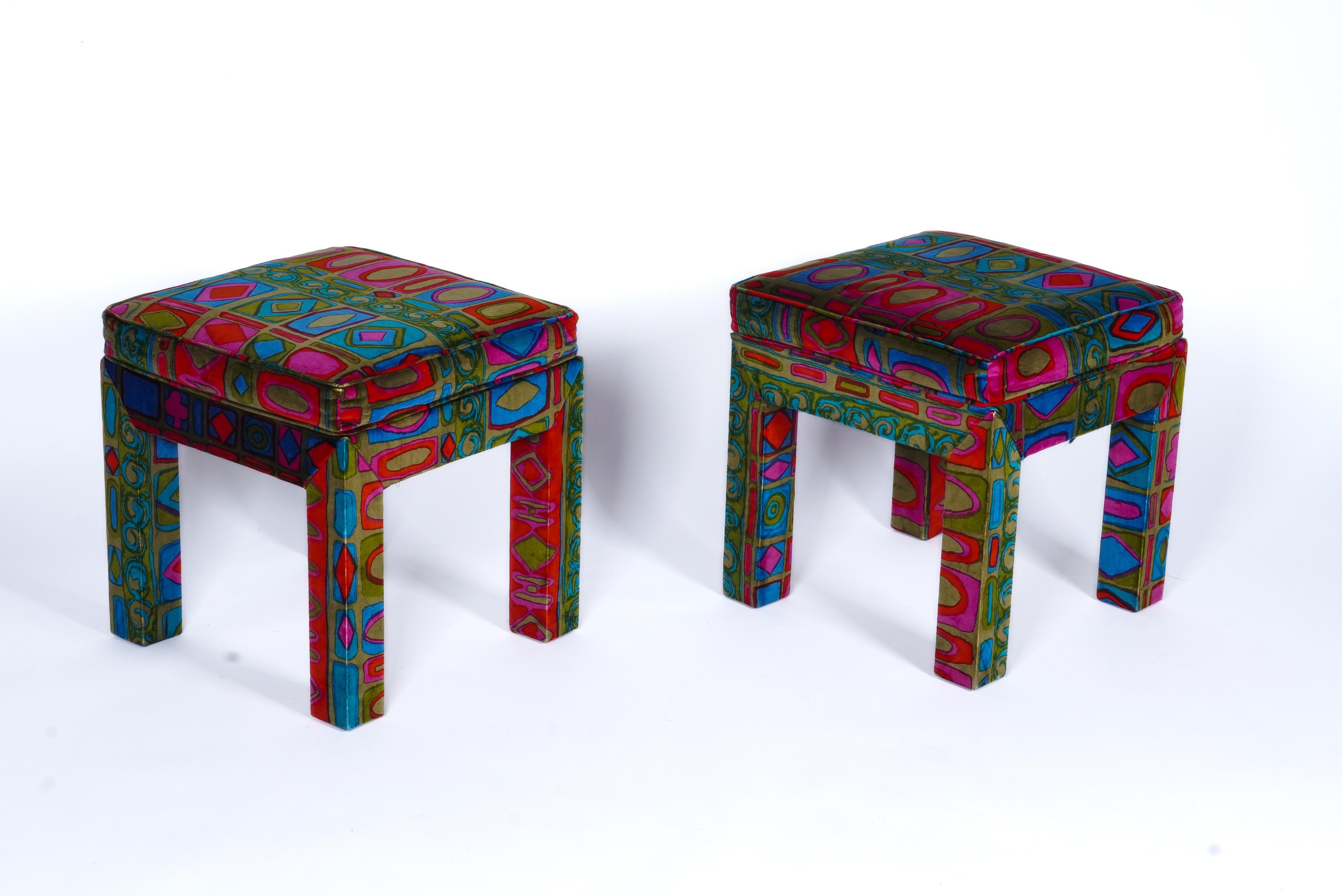 Mid-Century Modern Parsons-Style Console Table with Matching Stools in Jack Lenor Larsen Velvet