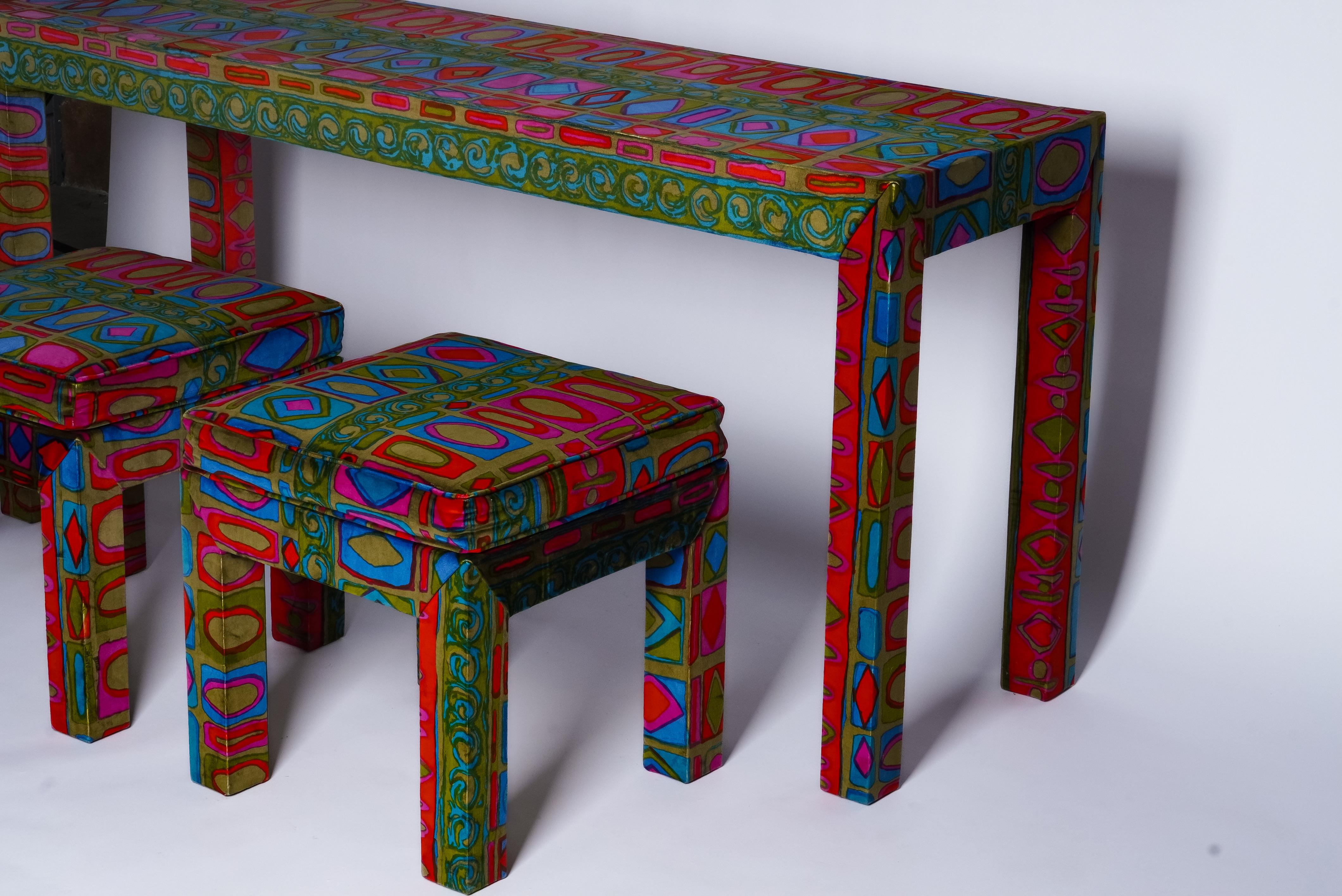 American Parsons-Style Console Table with Matching Stools in Jack Lenor Larsen Velvet