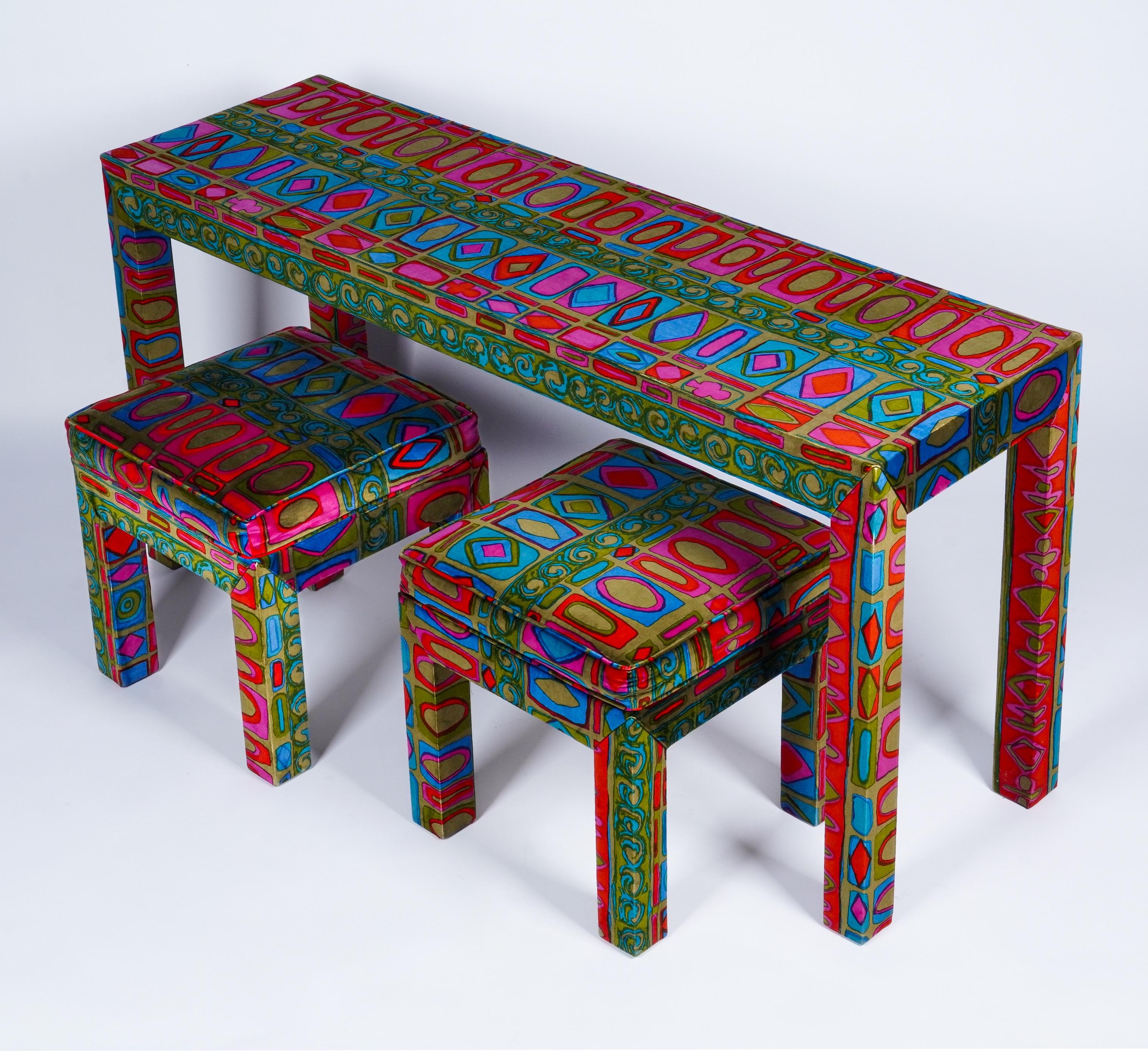 20th Century Parsons-Style Console Table with Matching Stools in Jack Lenor Larsen Velvet