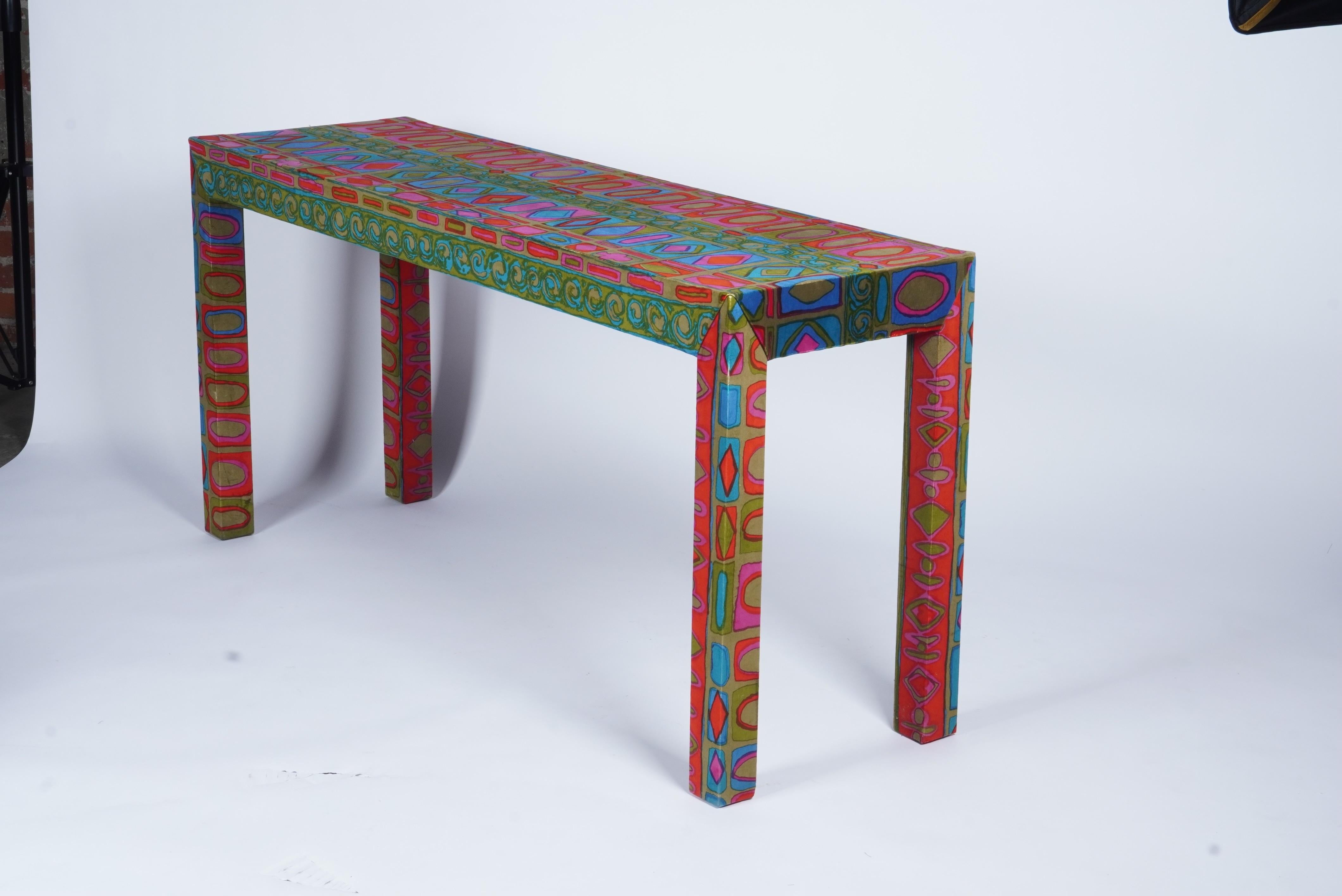 Parsons-Style Console Table with Matching Stools in Jack Lenor Larsen Velvet 1