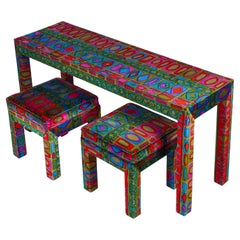 Parsons-Style Console Table with Matching Stools in Jack Lenor Larsen Velvet