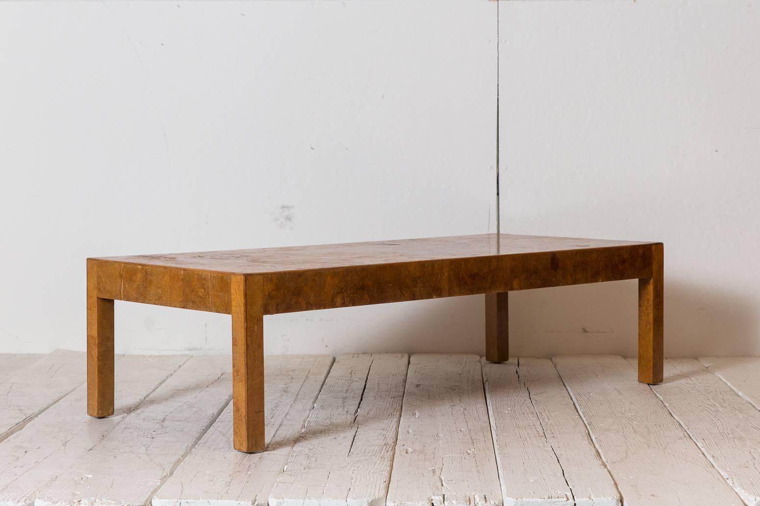 Mid-20th Century Parsons Style Italian Burled Wood Rectangular Coffee Table