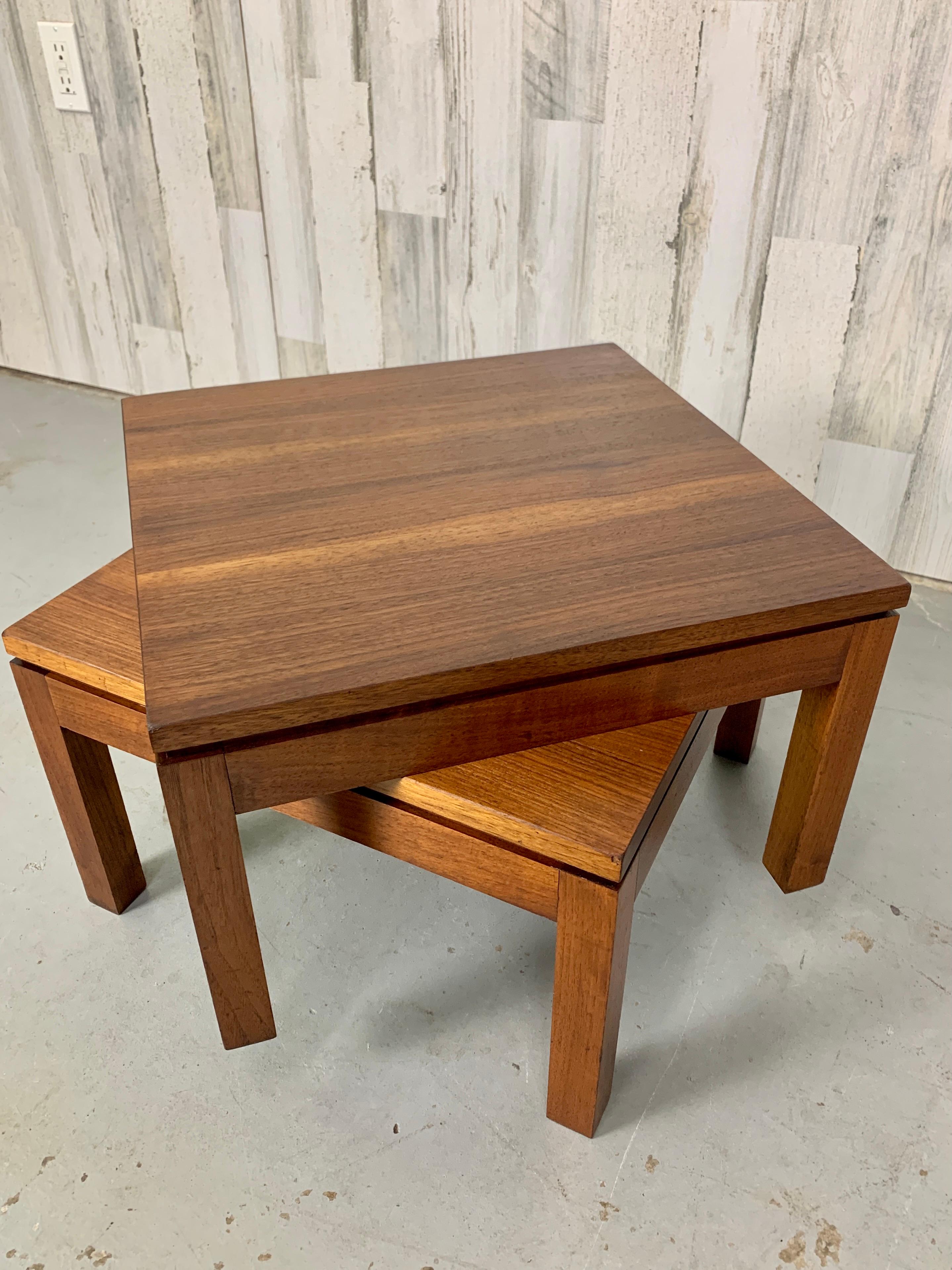 Pair of solid walnut Parsons style side tables that can be used as stacking tables or stools.