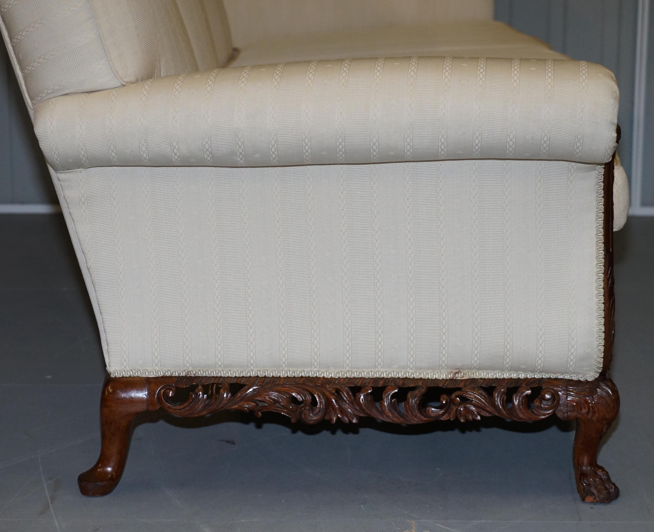 Part of Large Suite Ornately Carved Walnut Lion Hairy Paw Feet Three Person Sofa For Sale 5