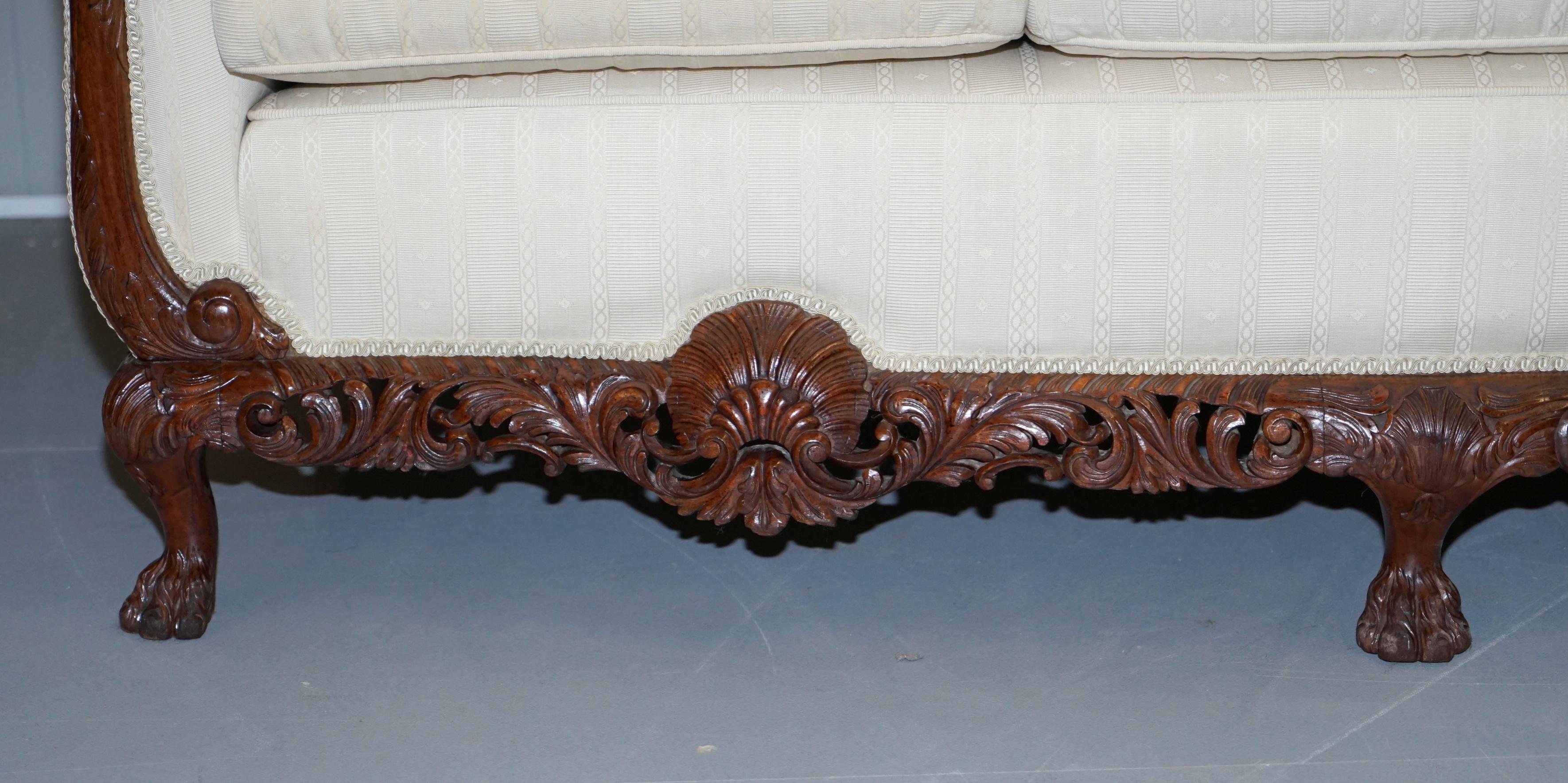 Hand-Crafted Part of Large Suite Ornately Carved Walnut Lion Hairy Paw Feet Three Person Sofa For Sale
