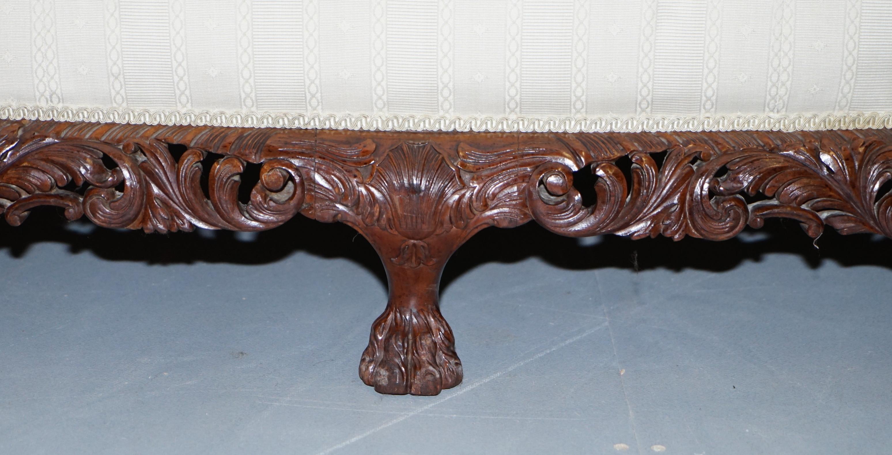 Upholstery Part of Large Suite Ornately Carved Walnut Lion Hairy Paw Feet Three Person Sofa For Sale