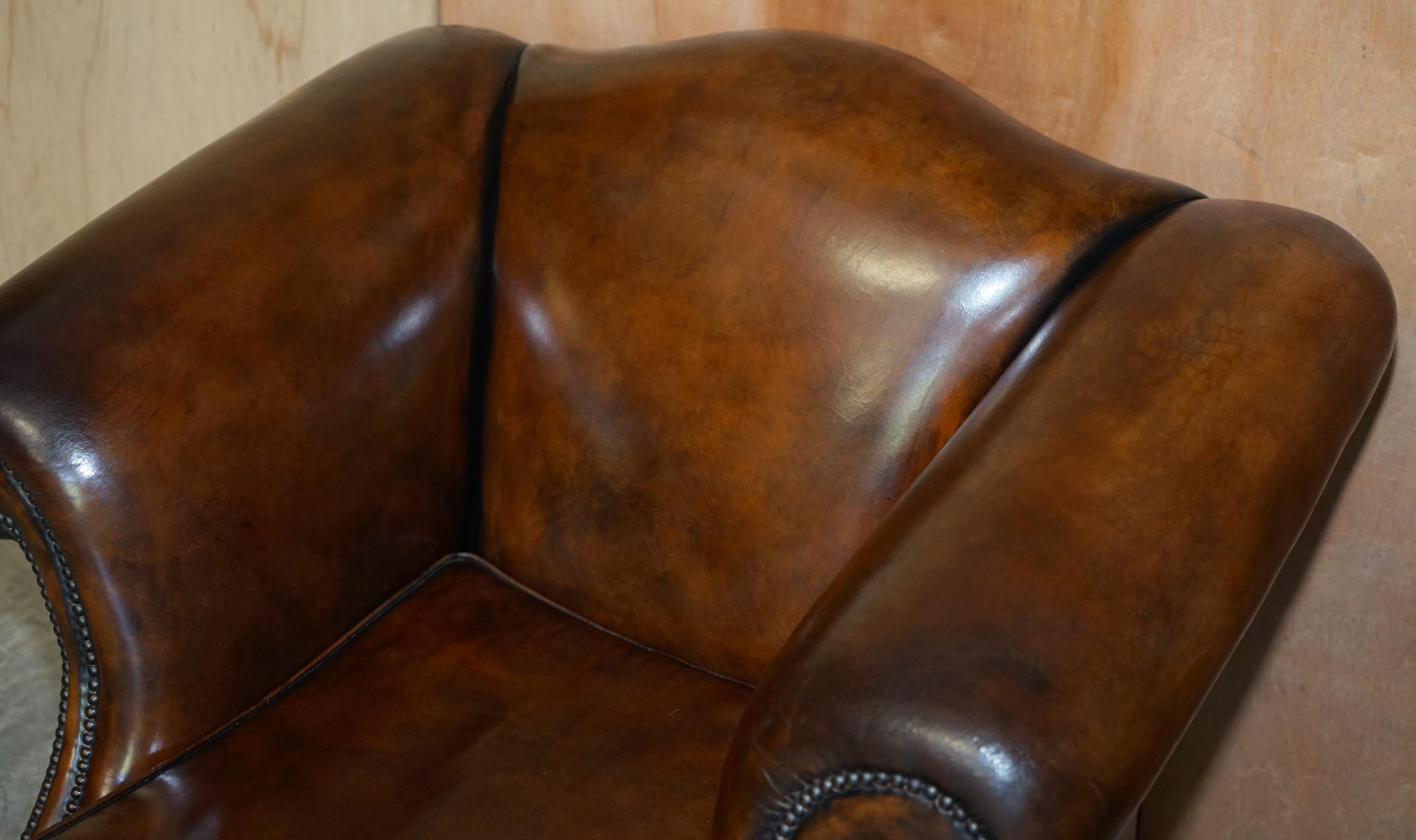 Hand-Crafted Part of Large Suite This Lovely Pair of Hand Dyed Brown Leather Club Armchairs For Sale