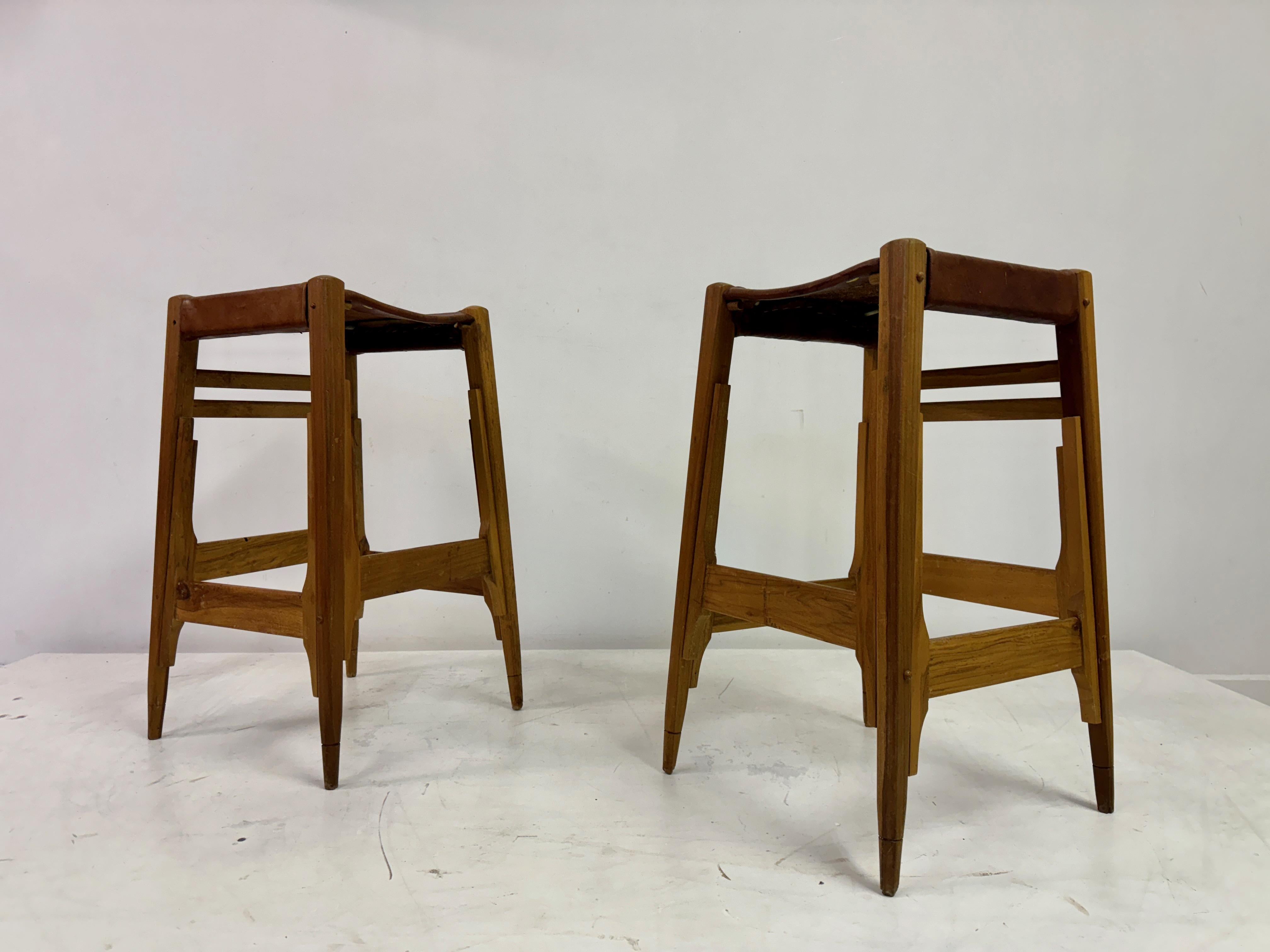 Leather Part of Mid-Century Wood High Stools by Werner Biermann for Arte Sano For Sale