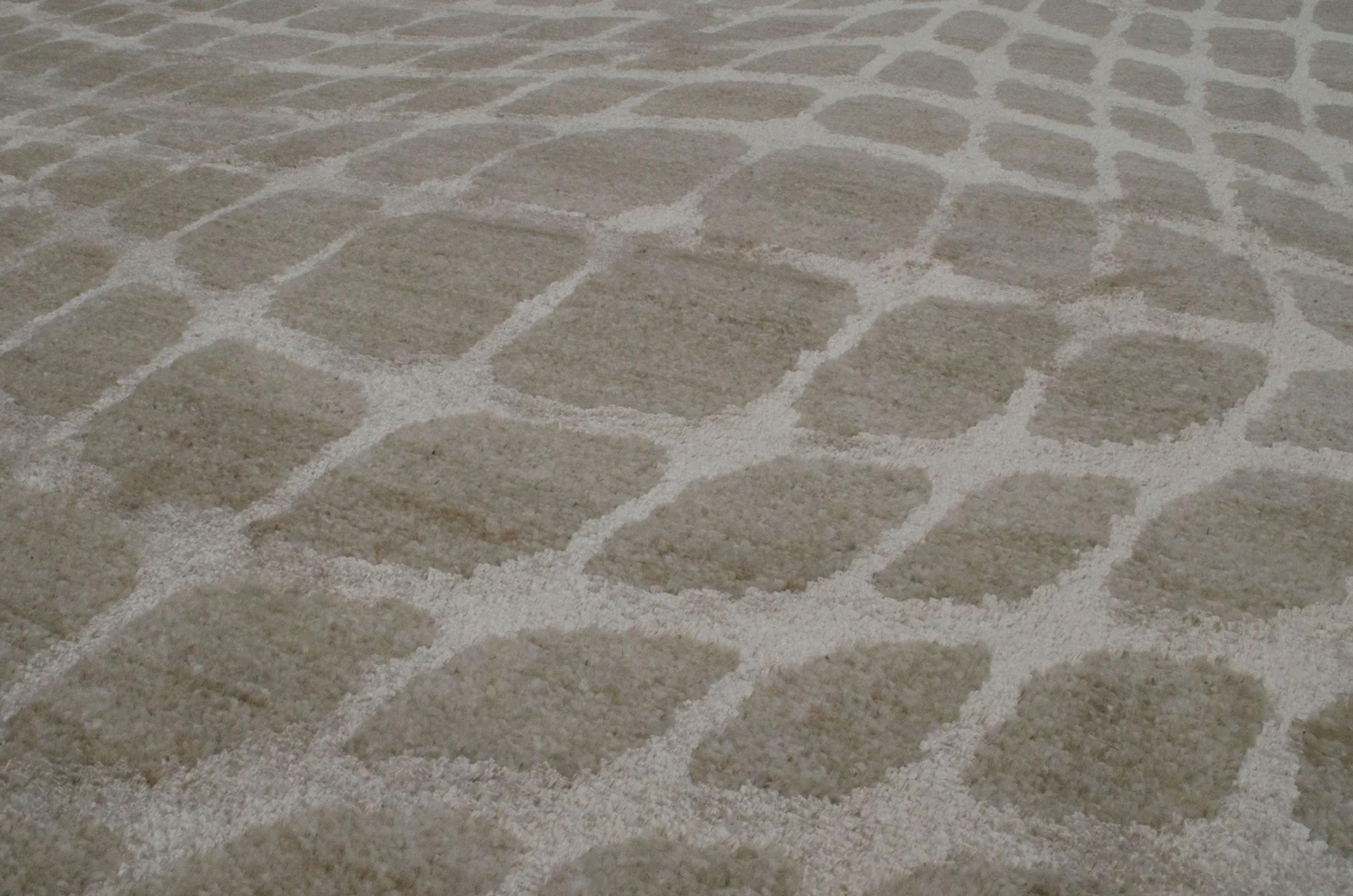 Questa produzione si basa su modelli algebrici. Si tratta di lana persiana filata a mano e con una grande percentuale di seta in tintura, per la quale sono state utilizzate tinture naturali. Il risultato è questo pezzo di lusso che può solo