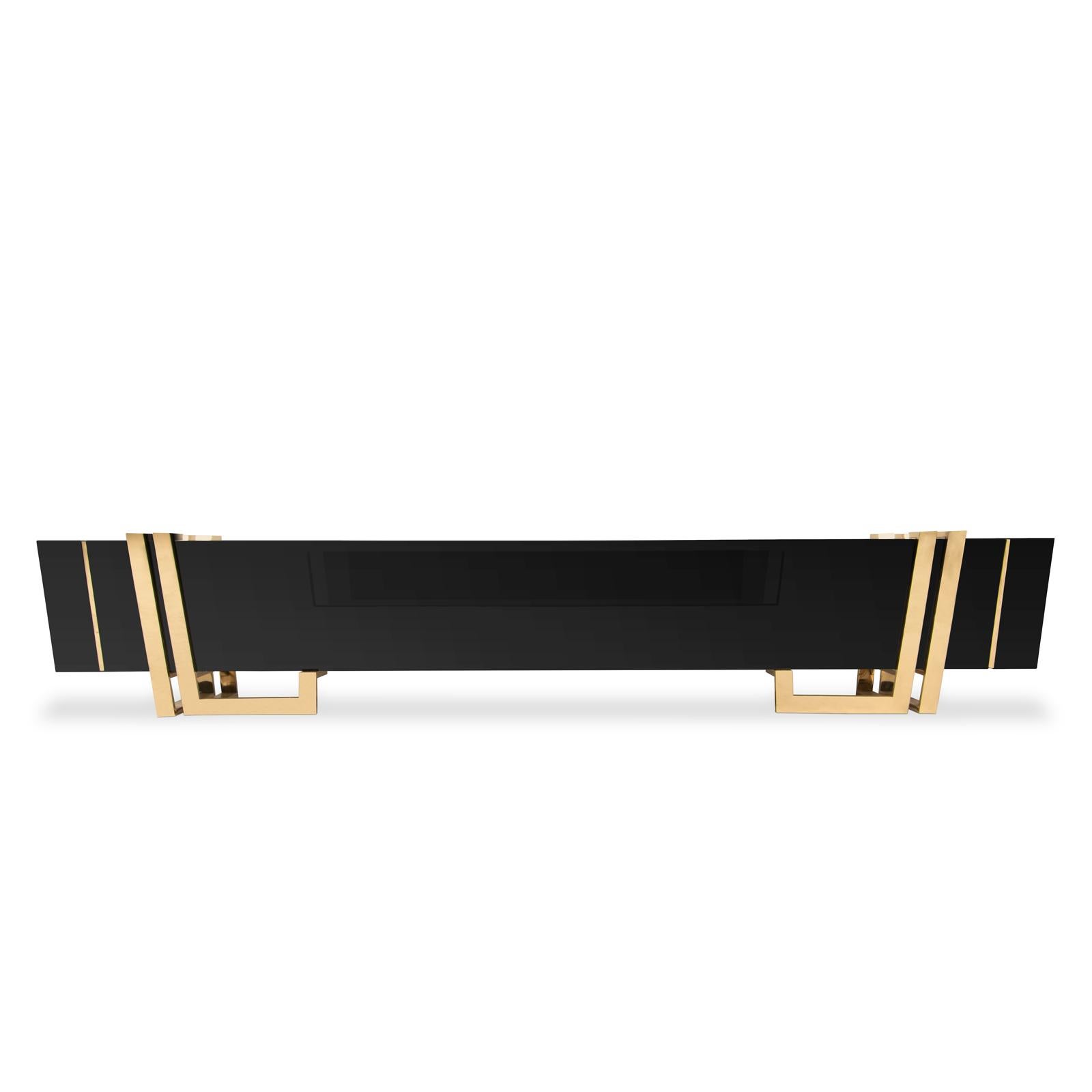 TV Sideboard Partenon with black marble top, nero marquina marble and with solid
black lacquered wood frame. With subtle lines in gold plated polished brass and with
gold plated solid polished brass feet.
