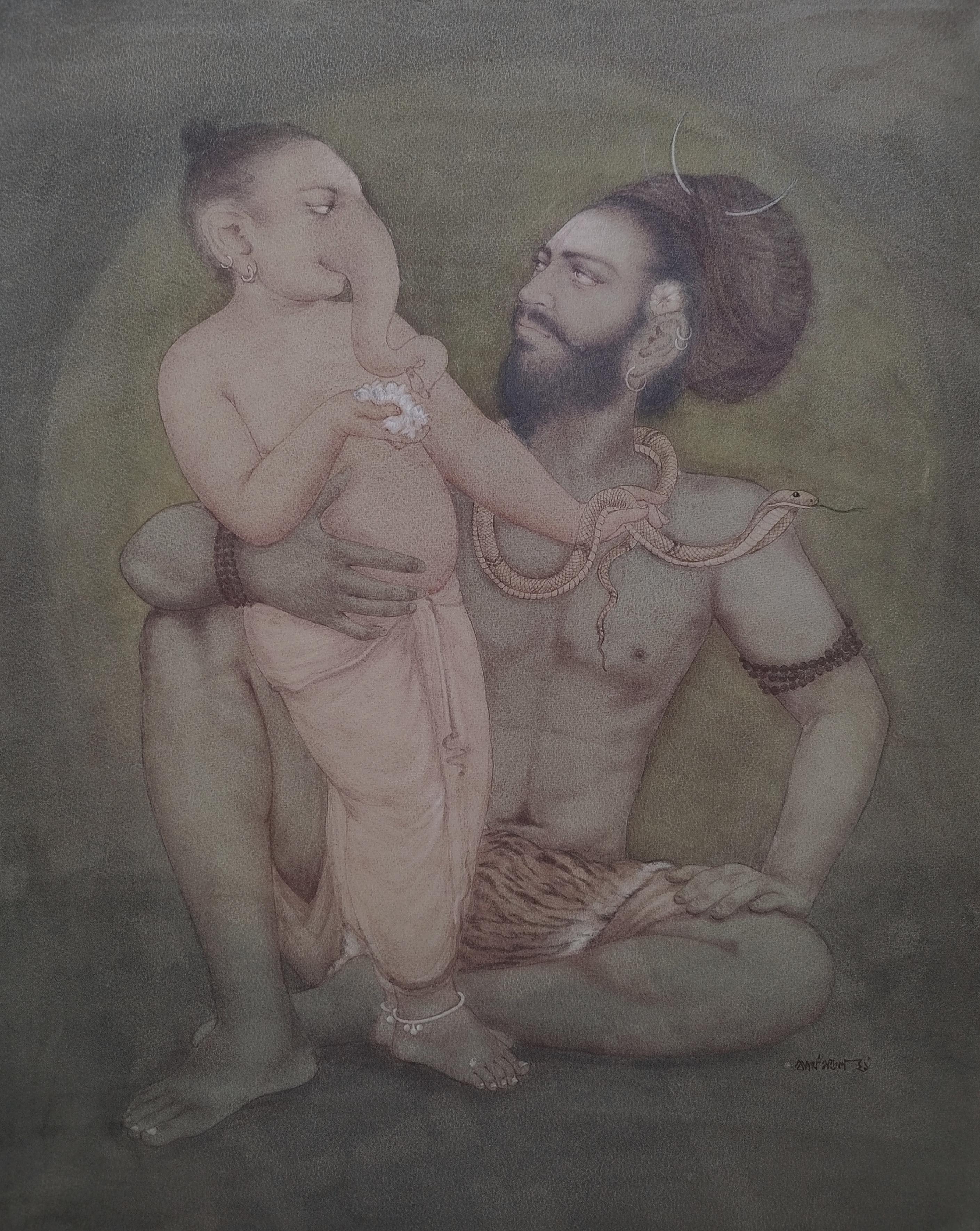 Partha Mondal Figurative Painting - Father and Child