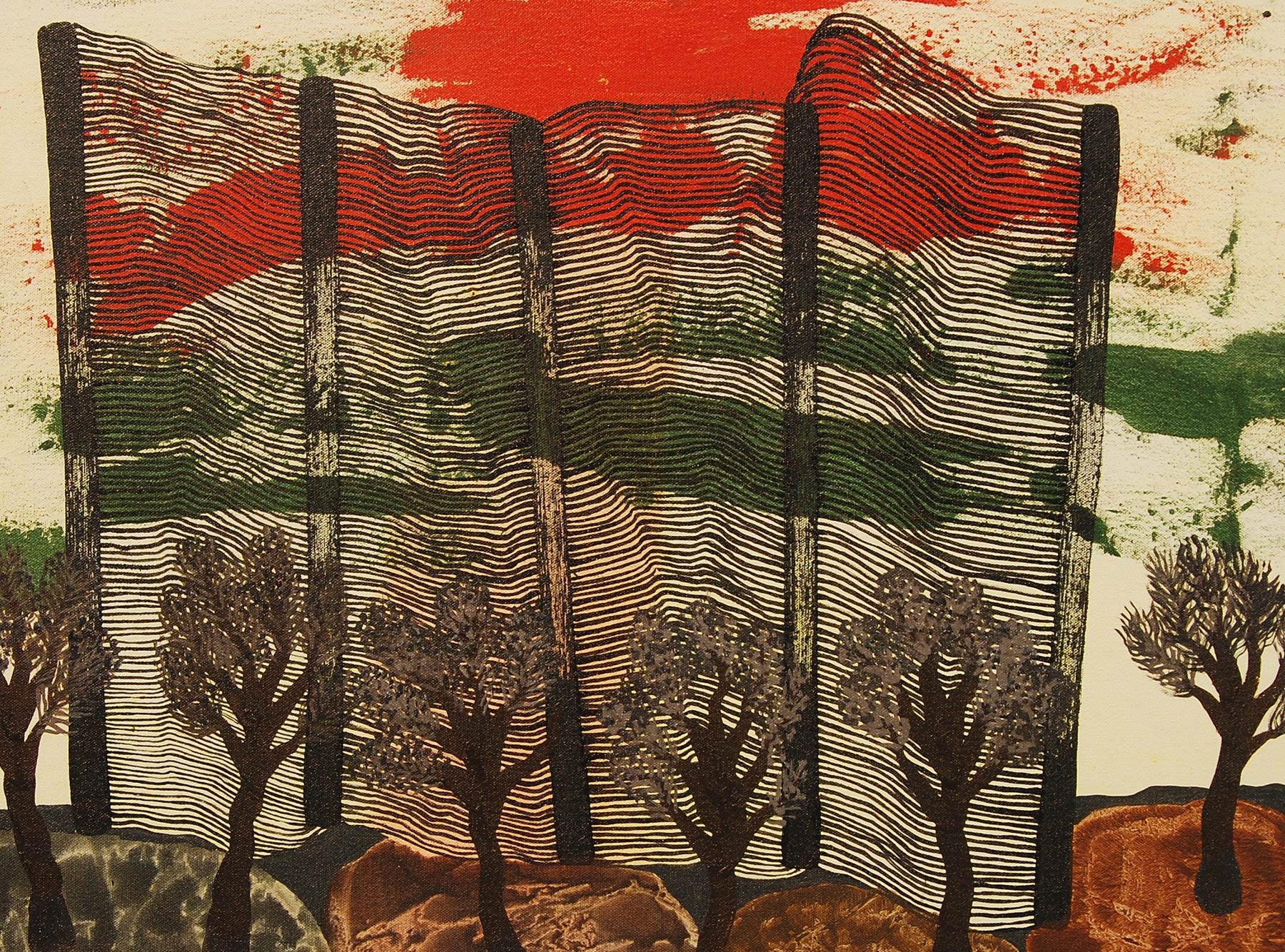 Peinture abstraite, acrylique, rouge, vert, marron, de l'artiste indien « en stock » - Painting de Partha Prathim Deb